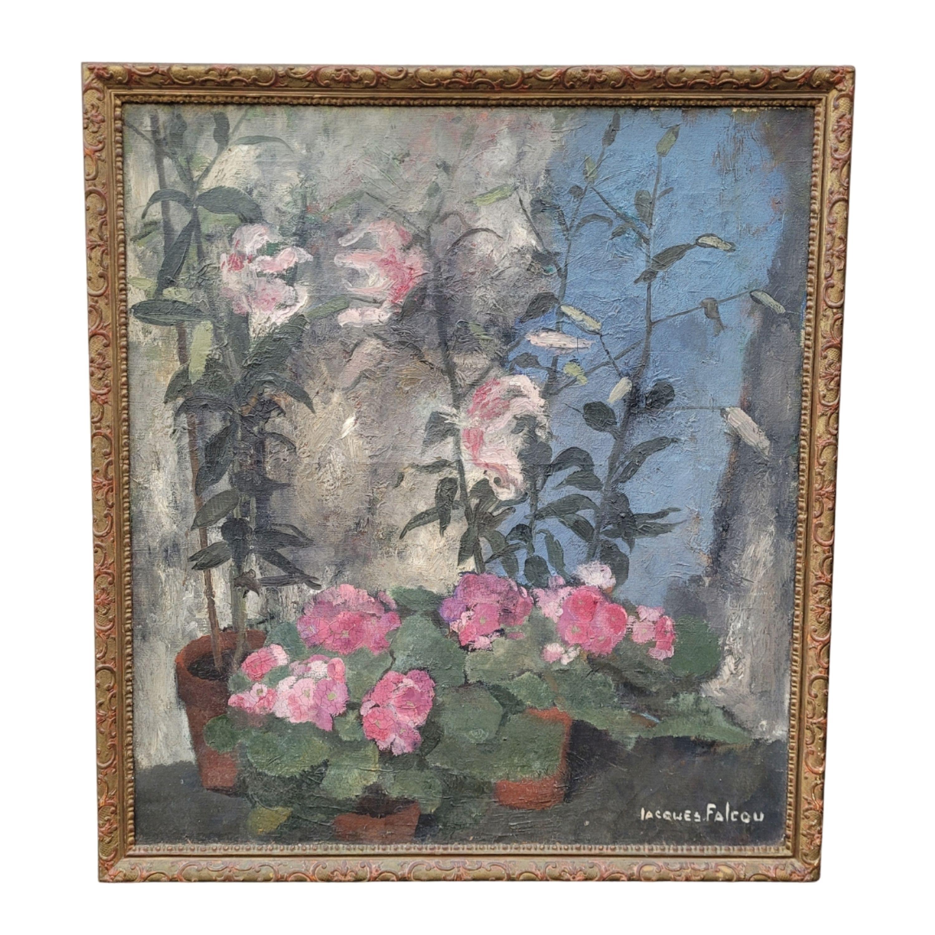 Vintage Öl auf Leinwand, rosa Herbstblumen, Jacques Falcou, Frankreich