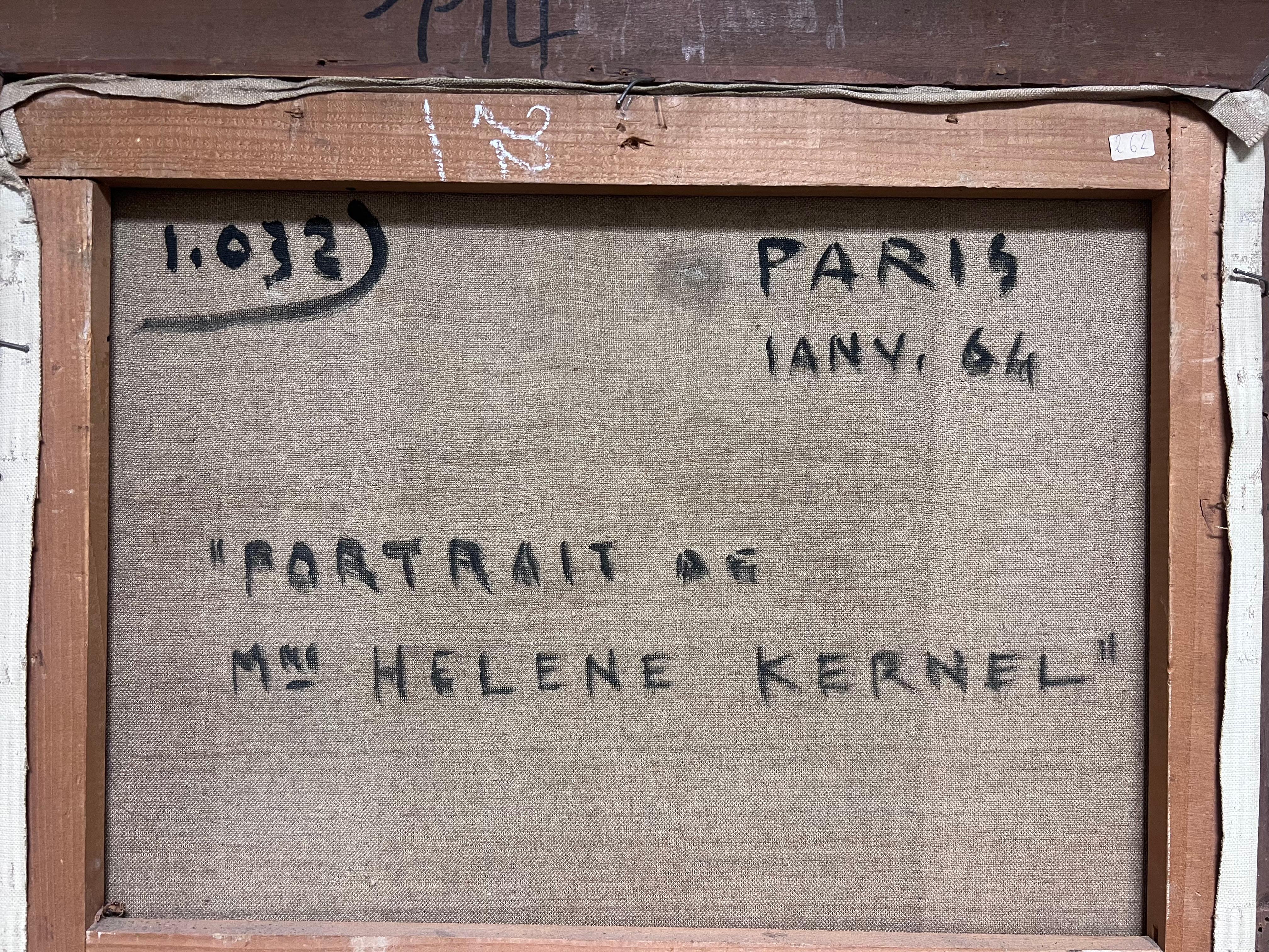 1960 Retrato de dama parisina con perlas y vestido negro Pintura al óleo firmada en venta 5