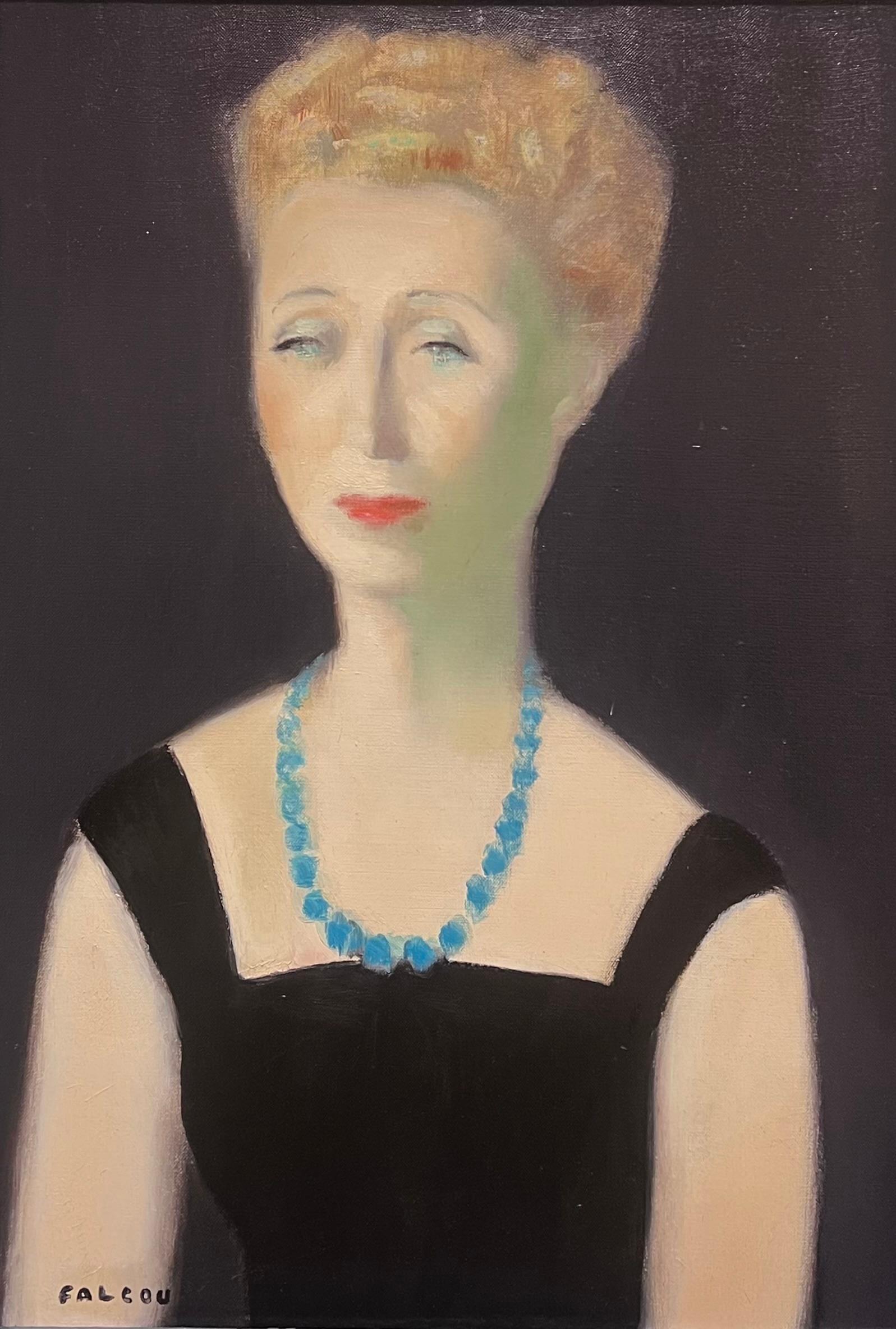 1960 Retrato de dama parisina con perlas y vestido negro Pintura al óleo firmada - Painting de Jacques Falcou