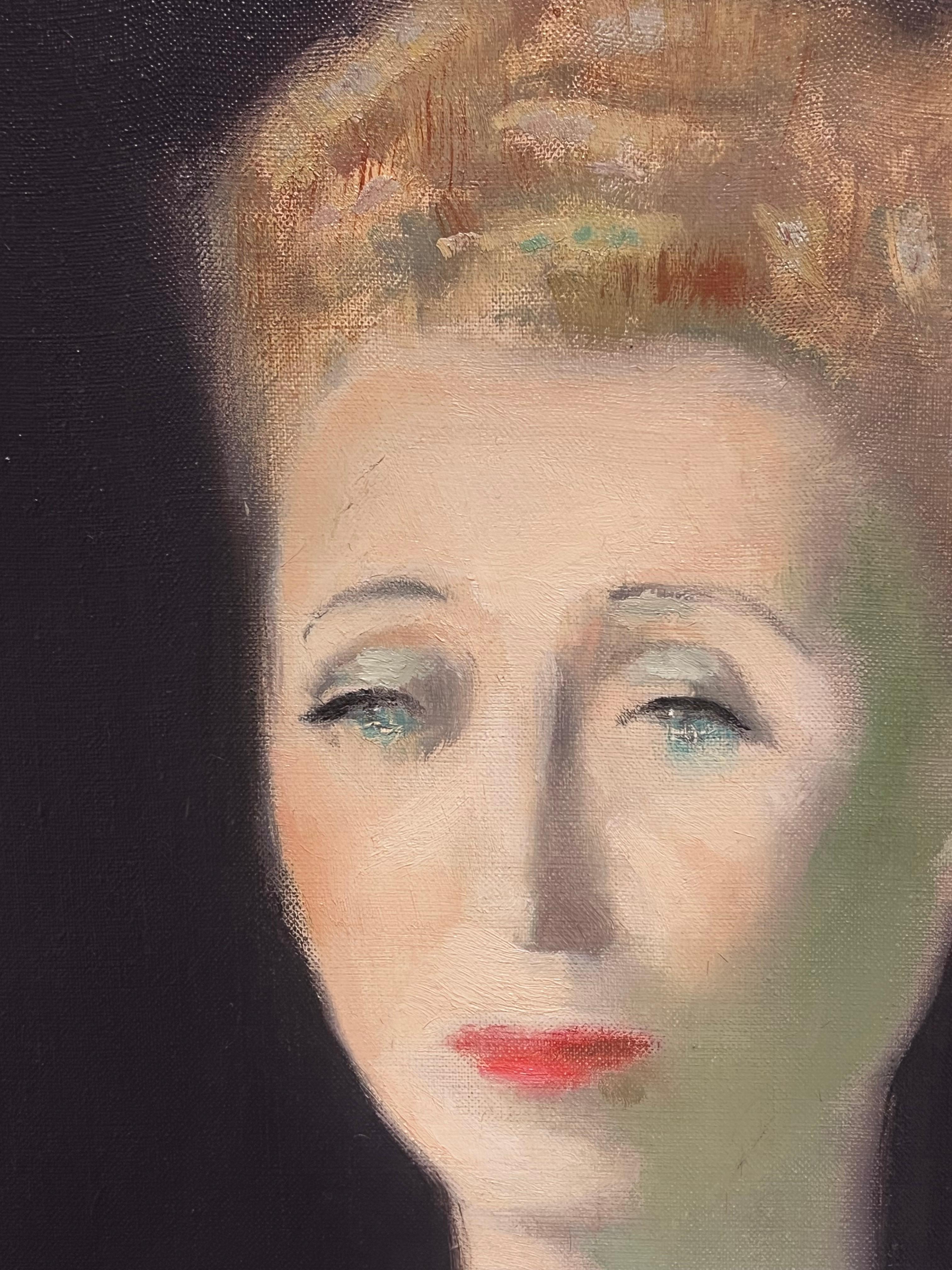 1960 Retrato de dama parisina con perlas y vestido negro Pintura al óleo firmada - Painting Moderno de Jacques Falcou