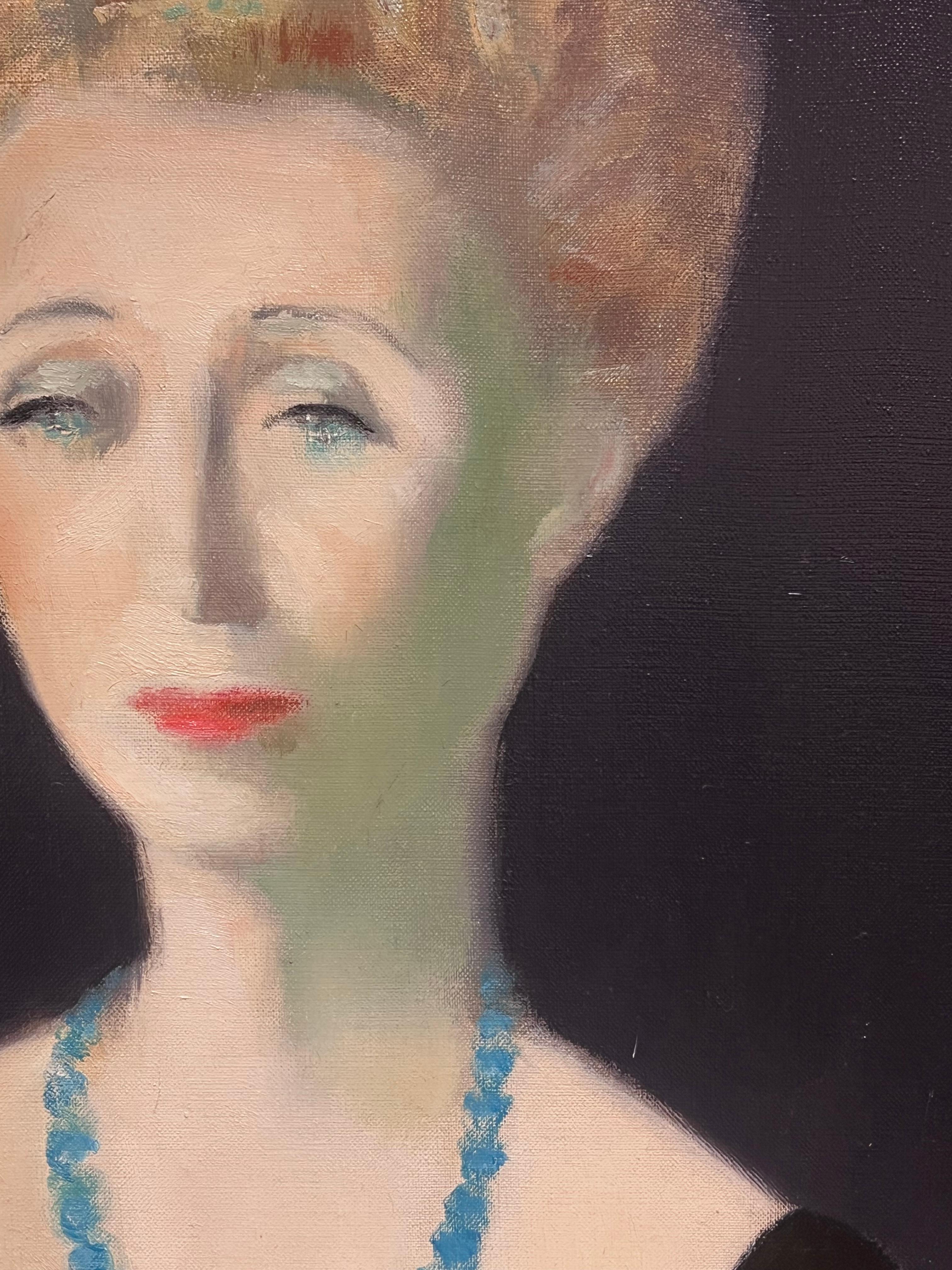 1960 Retrato de dama parisina con perlas y vestido negro Pintura al óleo firmada - Portrait Painting Negro de Jacques Falcou
