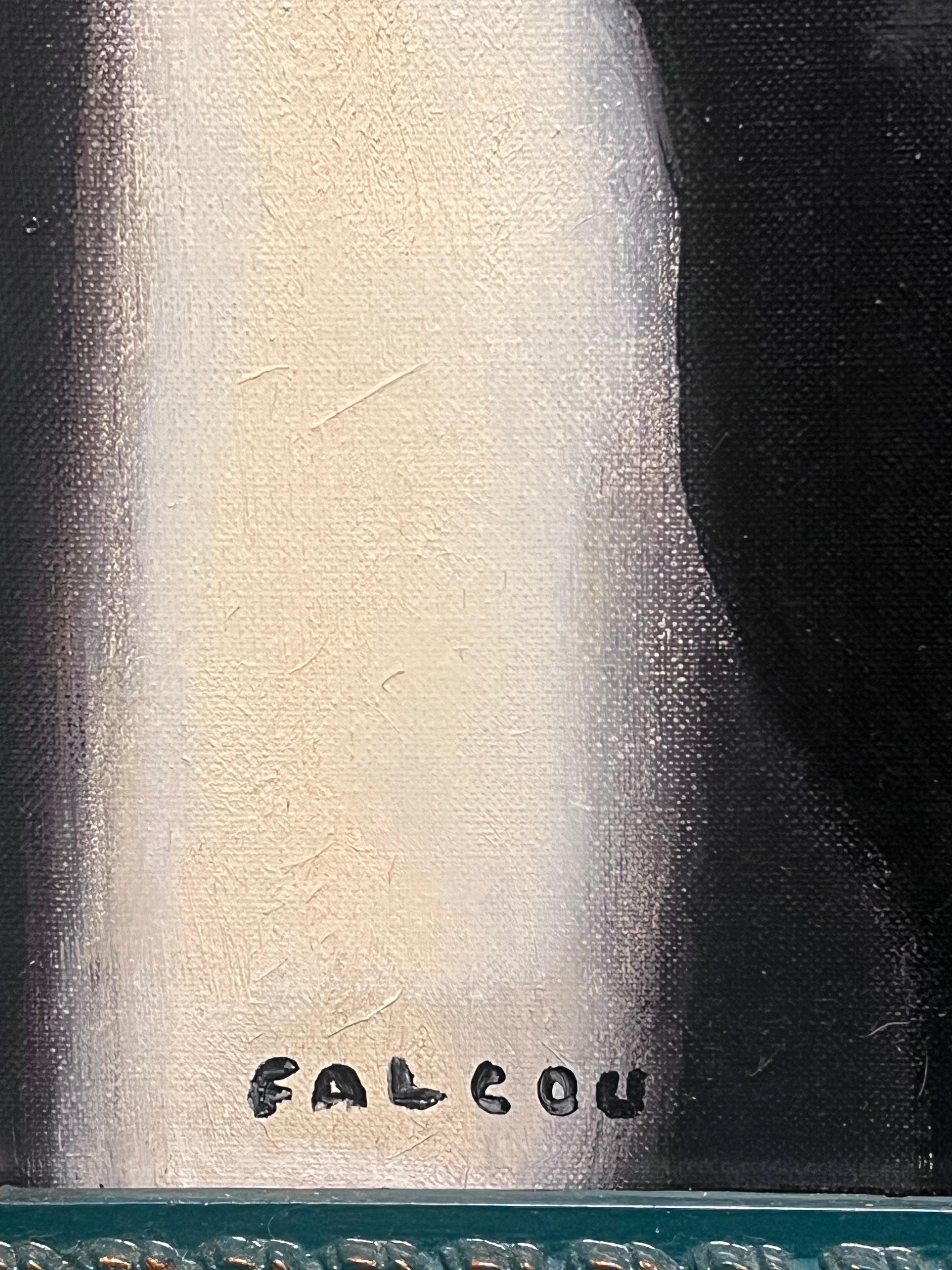 1960 Retrato de dama parisina con perlas y vestido negro Pintura al óleo firmada en venta 1