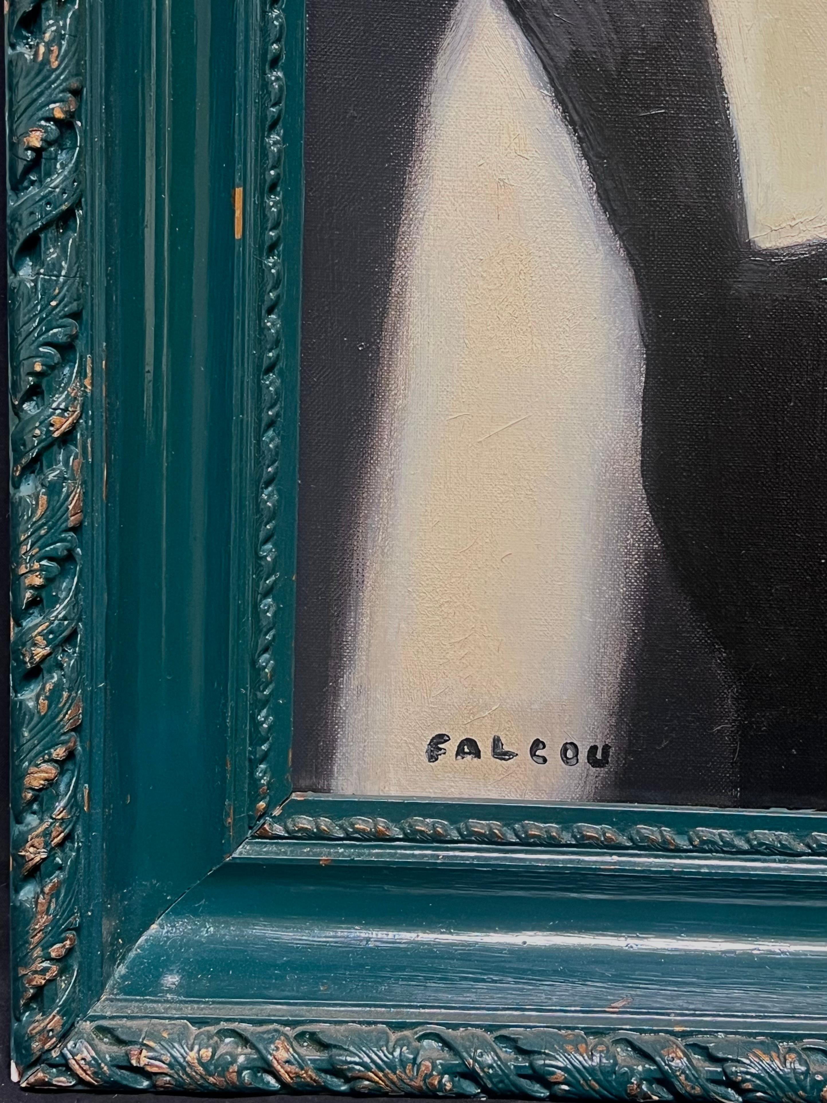 1960 Retrato de dama parisina con perlas y vestido negro Pintura al óleo firmada en venta 2