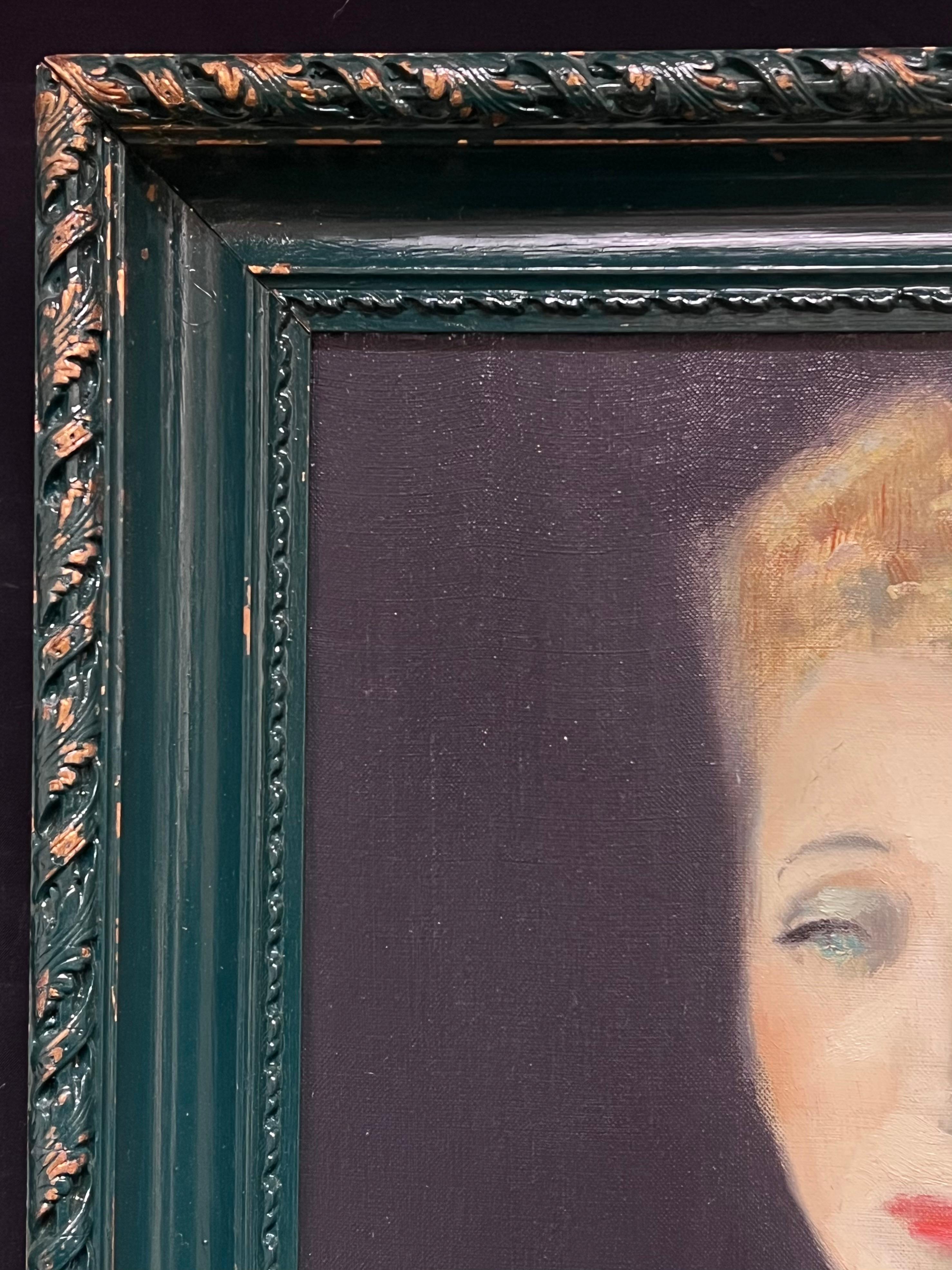 1960 Retrato de dama parisina con perlas y vestido negro Pintura al óleo firmada en venta 3