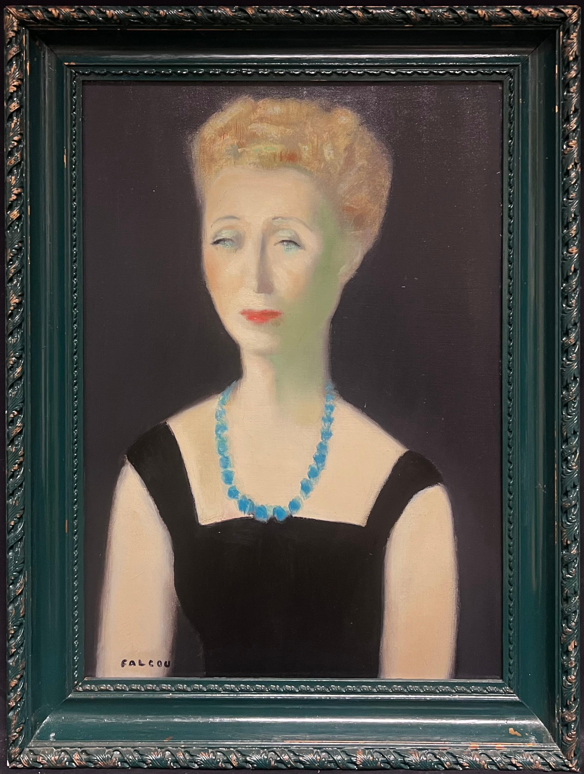 Portrait Painting de Jacques Falcou - 1960 Retrato de dama parisina con perlas y vestido negro Pintura al óleo firmada
