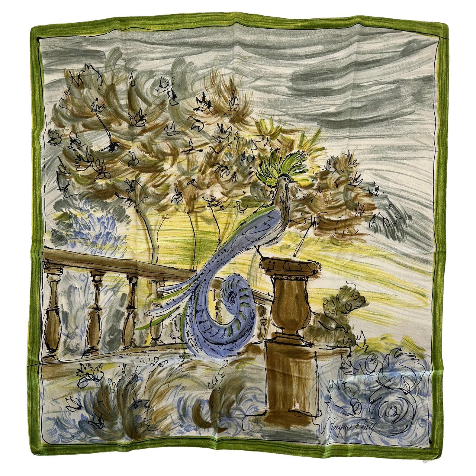 Jacques Fath 1950s Impressionist Garden Painting Charmeuse Silk Scarf For Sale