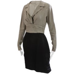 Jacques Fath Dress Houndstooth with Black Fitted Skirt & Bow Detail Sz S 1990s