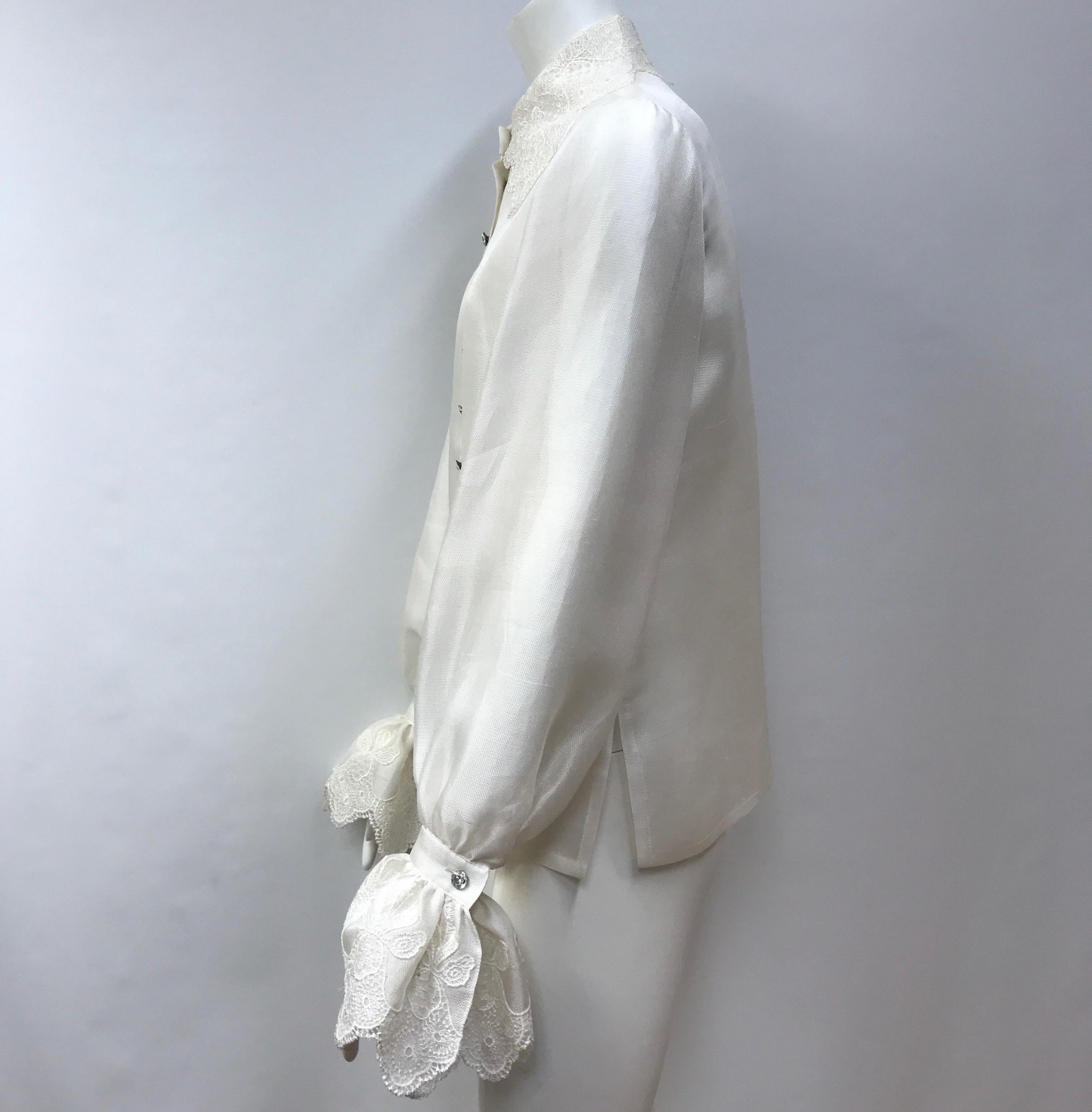 Jacques Fath Ivory Silk Organza Top-6. This stunning Jacques Fath top is in excellent condition, it shows minimal sign of use. It is made of ivory silk organza throughout and has lace around the collar and cuffs of the top. This top is long sleeved