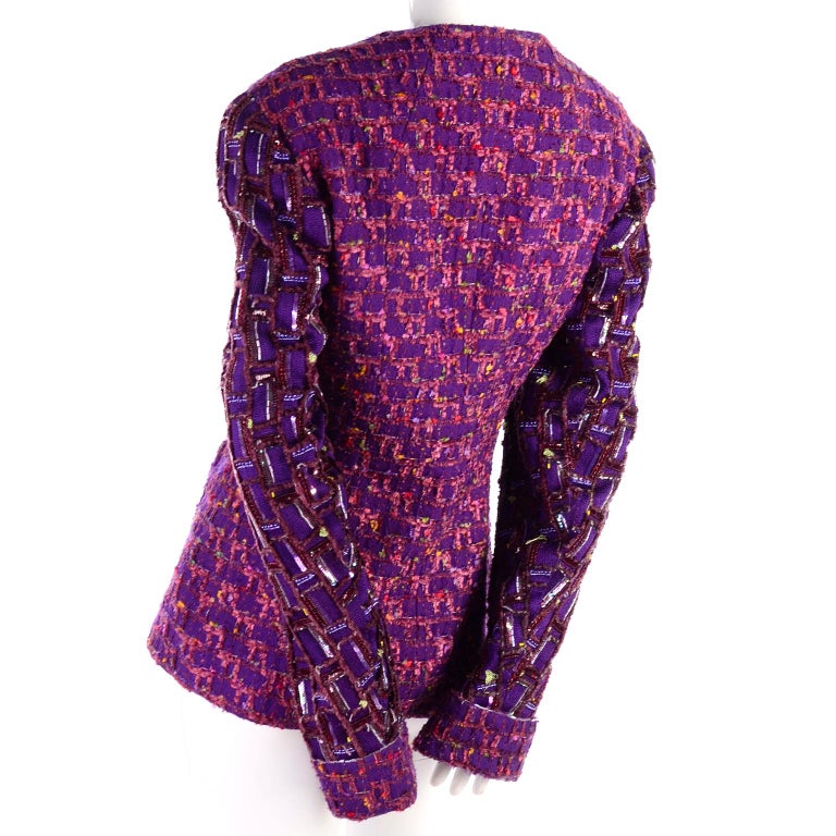 Jacques Fath Purple Tweed Jacket With Sequins and Beading In Excellent Condition For Sale In Portland, OR