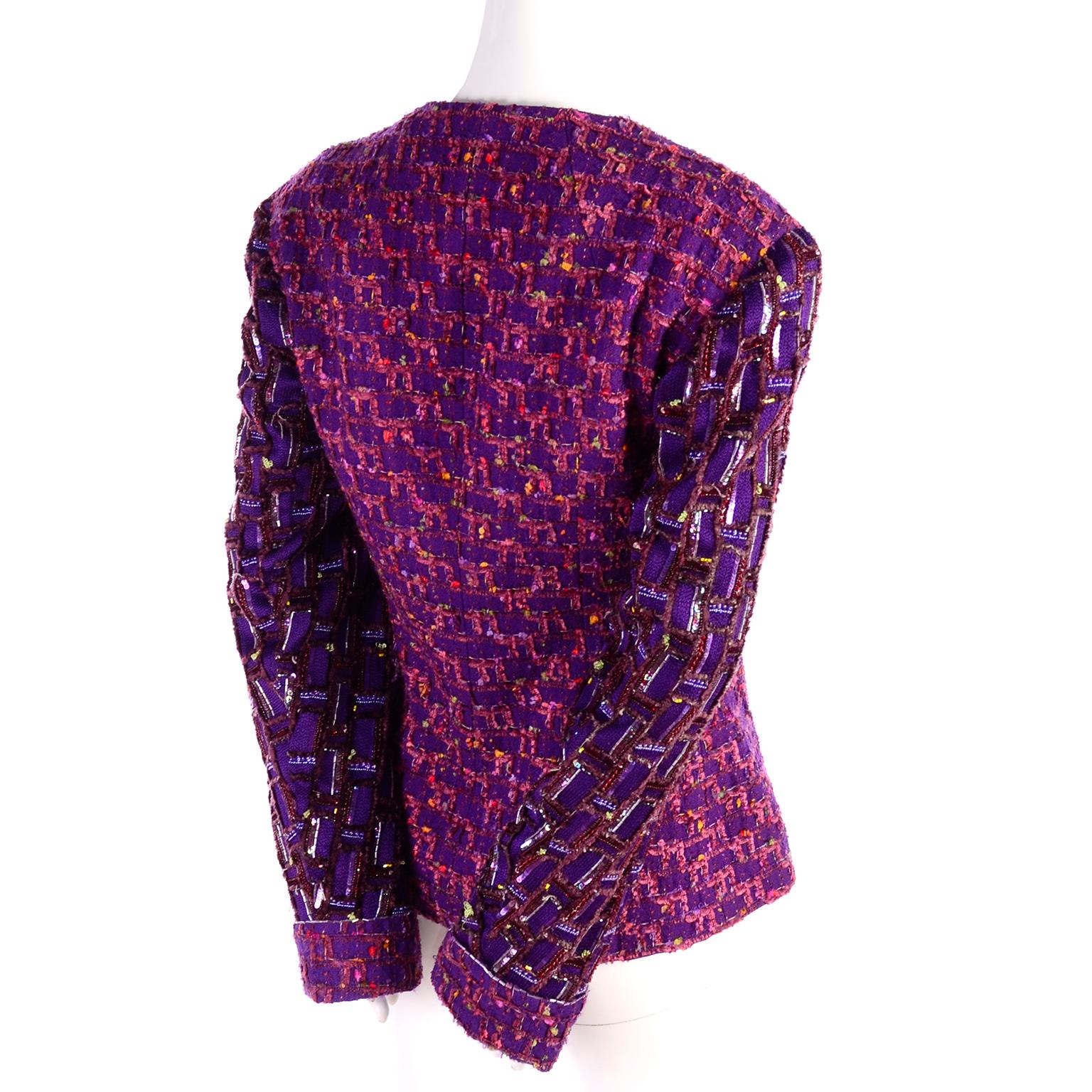 Jacques Fath Purple Tweed Jacket With Sequins and Beading In Excellent Condition In Portland, OR