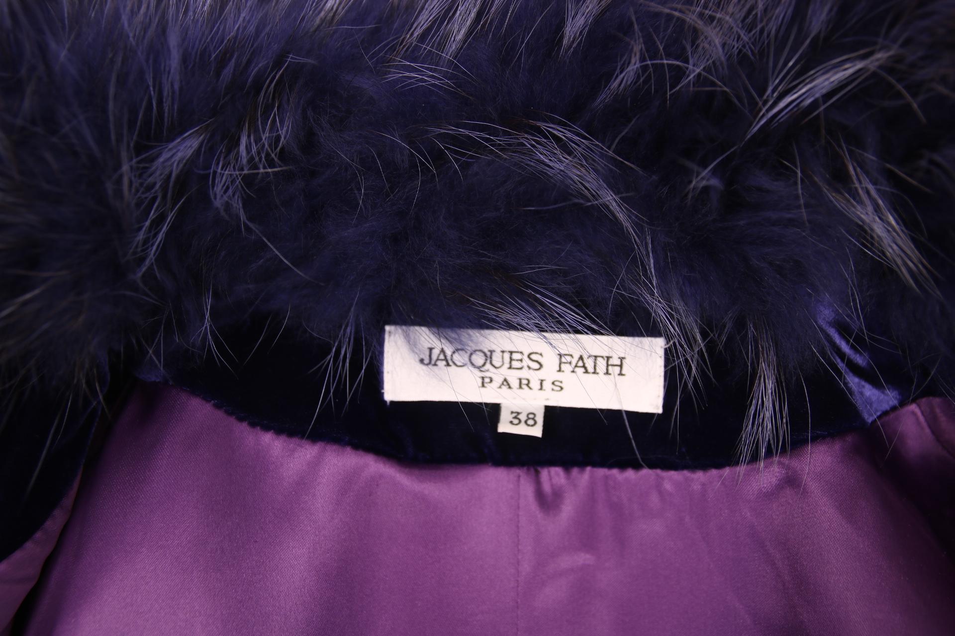 Black Jacques Fath Purple Velvet Coat w/Fur Collar For Sale