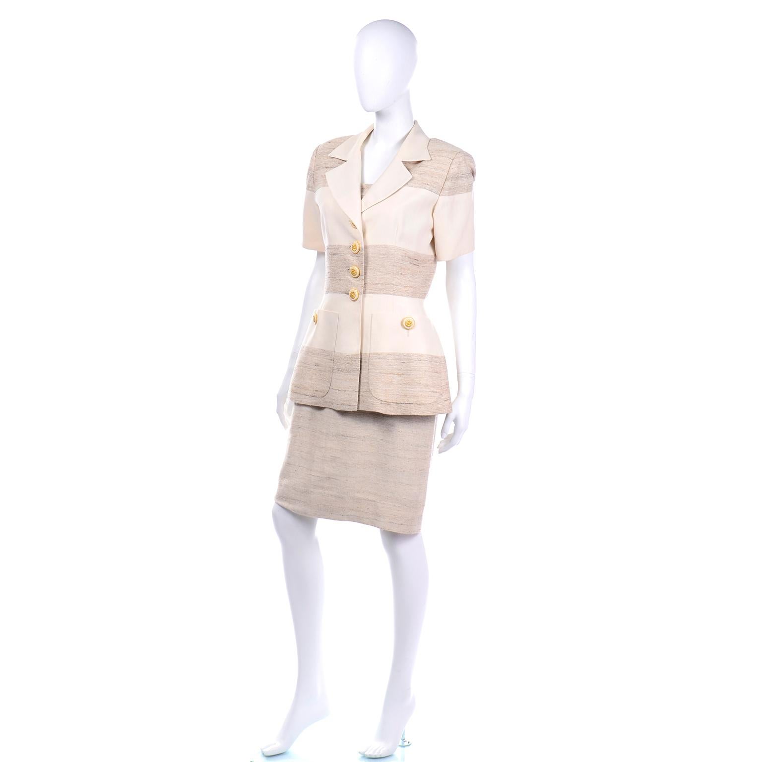 Jacques Fath Vintage Ivory & Oatmeal Raw Silk Dress and Jacket Suit In Excellent Condition In Portland, OR