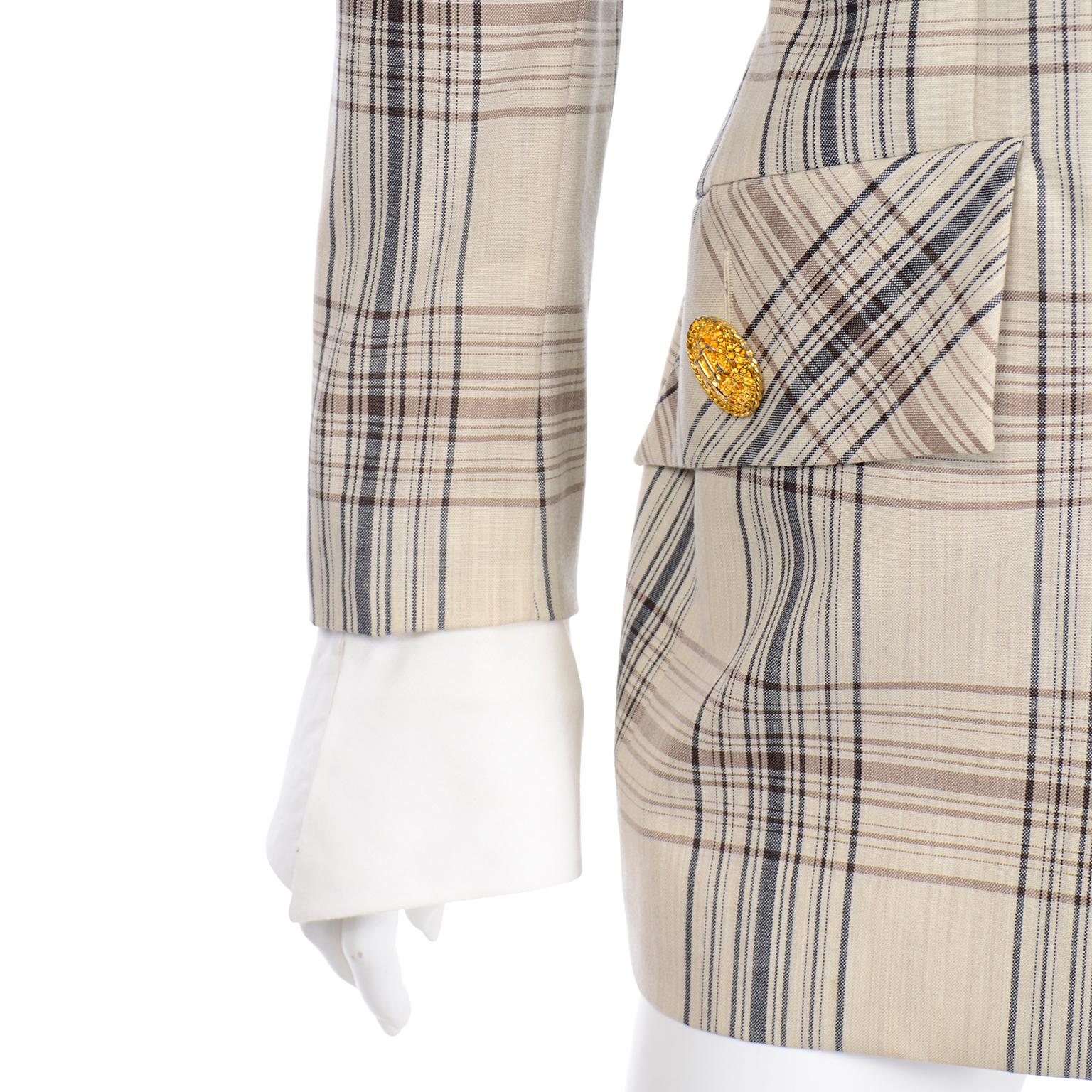 Jacques Fath Vintage Plaid Blazer Jacket w Removable Cuffs & Collar 5
