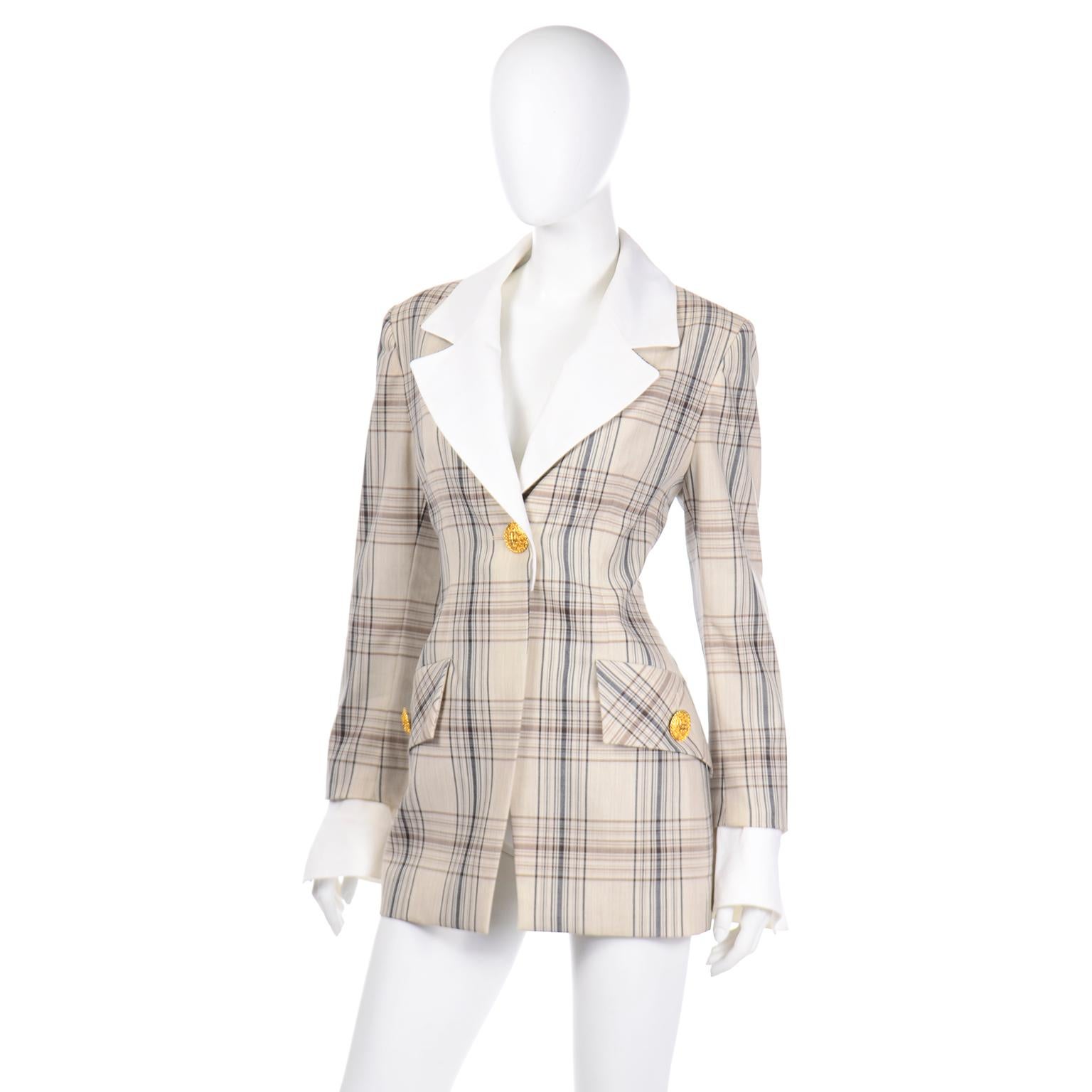 Jacques Fath Vintage Plaid Blazer Jacket w Removable Cuffs & Collar In Excellent Condition In Portland, OR