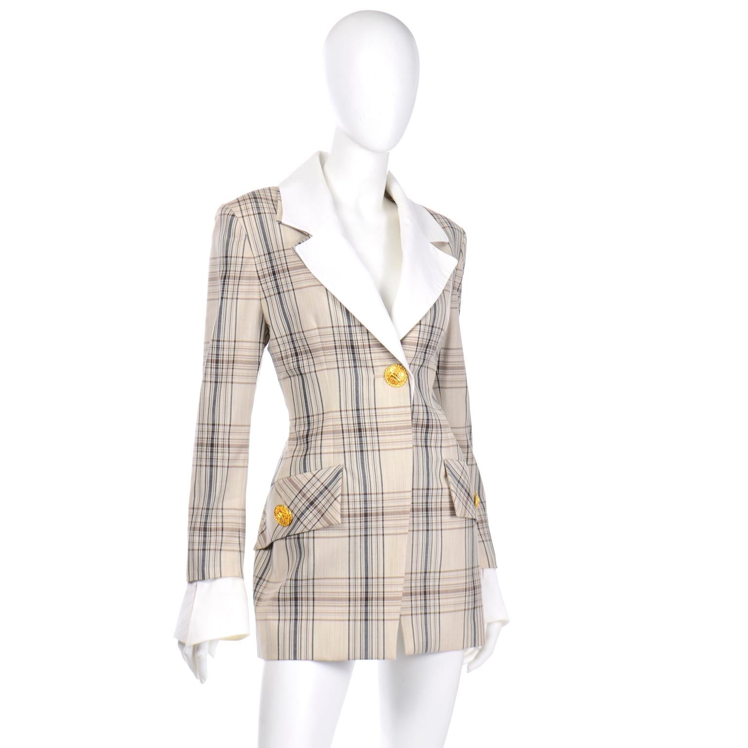 Jacques Fath Vintage Plaid Blazer Jacket w Removable Cuffs & Collar 1