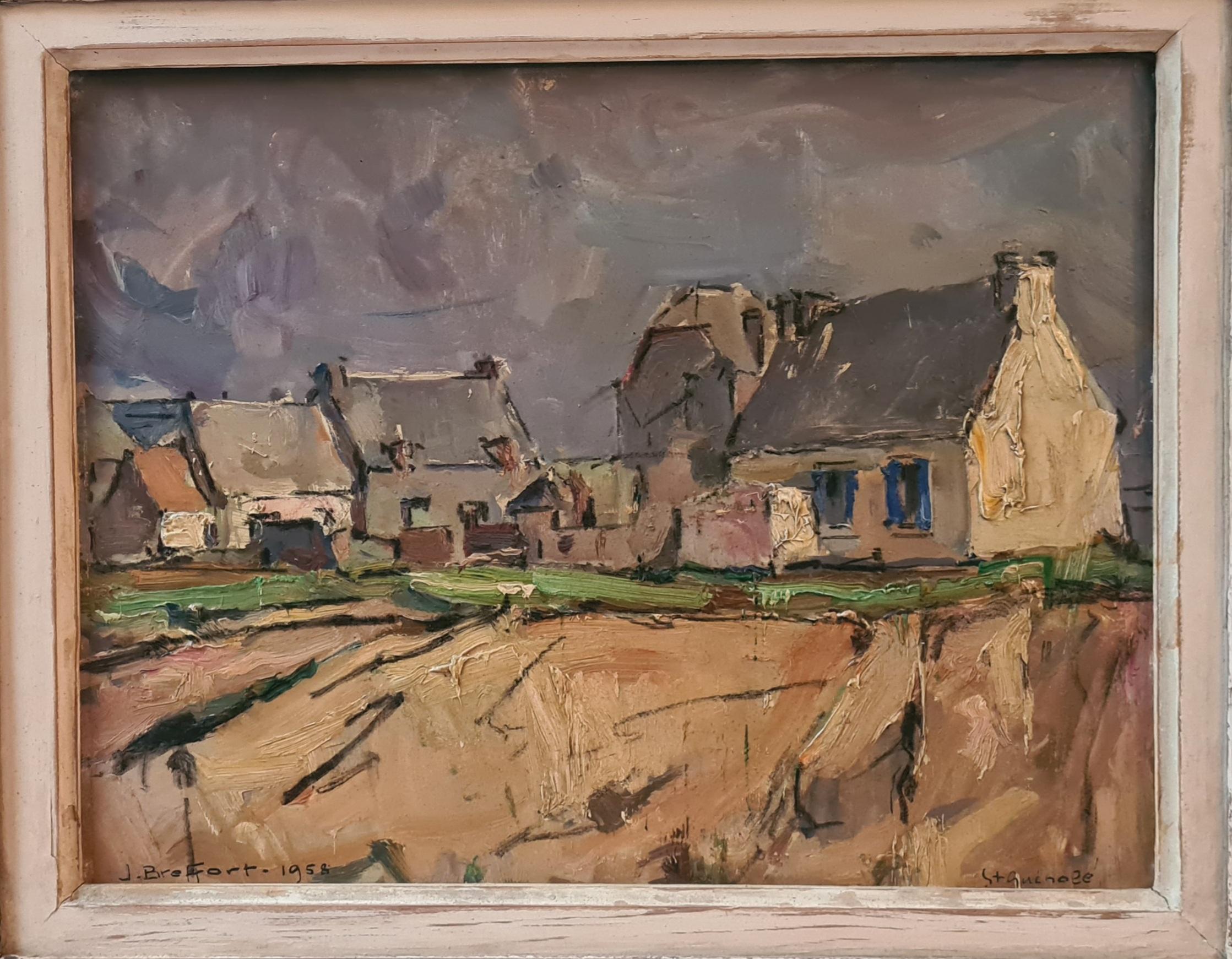 Paesaggio costiero francese di metà secolo post impressionista, Saint Guenole, Bretagna - Painting di Jacques Ferdinand Auguste Breffort