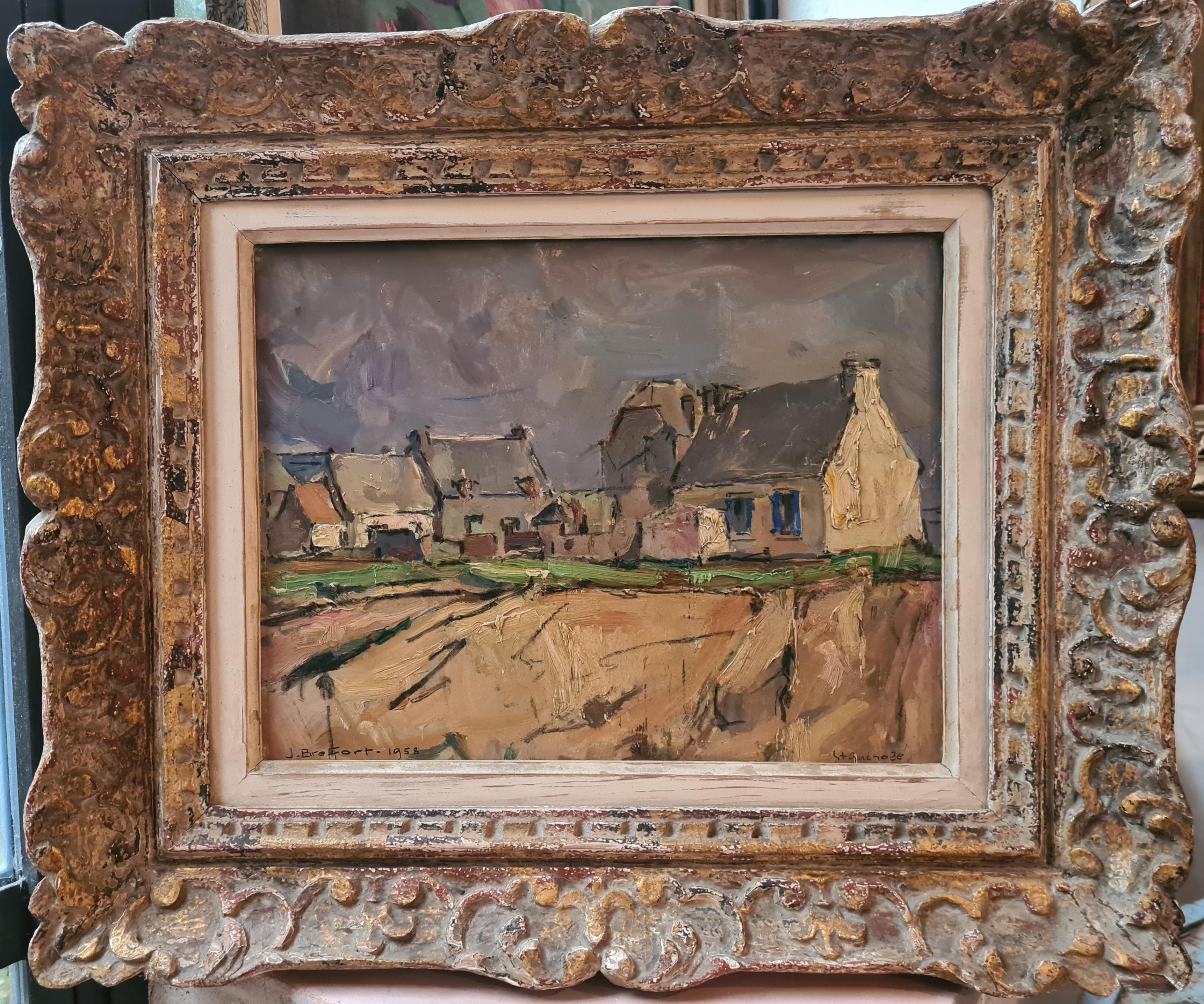 Landscape Painting di Jacques Ferdinand Auguste Breffort - Paesaggio costiero francese di metà secolo post impressionista, Saint Guenole, Bretagna
