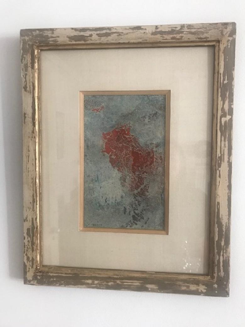 Eine geheimnisvolle und zarte kleine abstrakte Gouache auf Papier und Unterglasur von dem französischen Künstler Jacques Fouquet 1902-1981. Titel: Souvenirs Chinois, ca. 1960er Jahre.