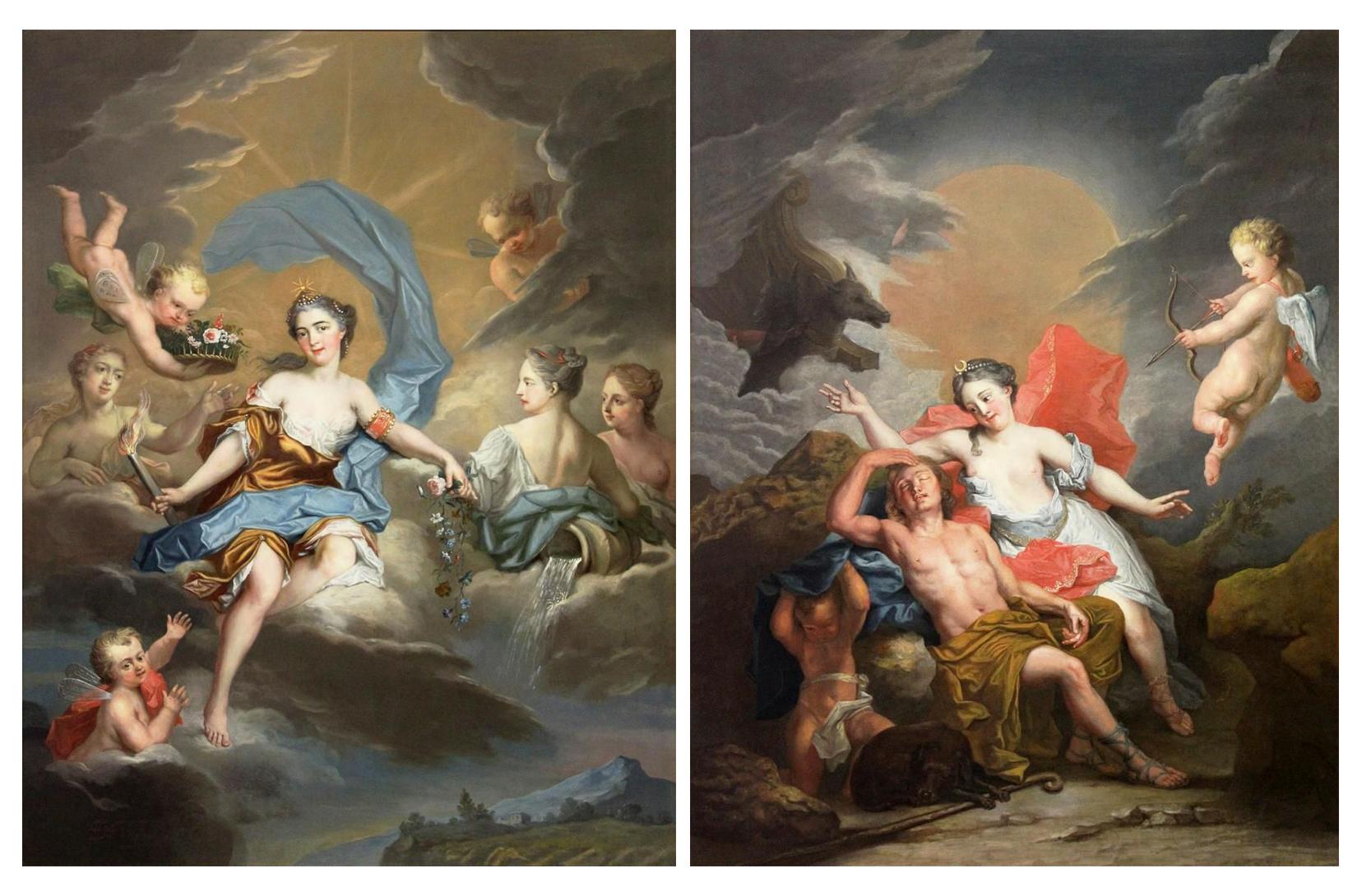 Magnifique paire de peintures royales françaises « Auurora et Diane » - Marron Portrait Painting par Jacques-Francois Delyen 