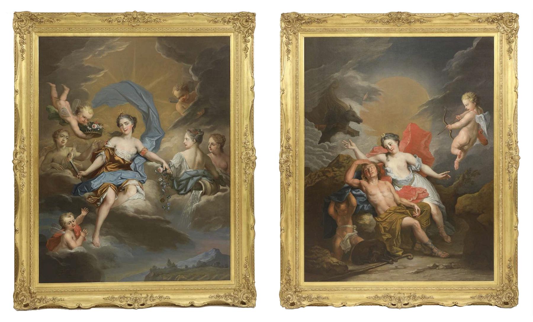 Portrait Painting Jacques-Francois Delyen  - Magnifique paire de peintures royales françaises « Auurora et Diane »