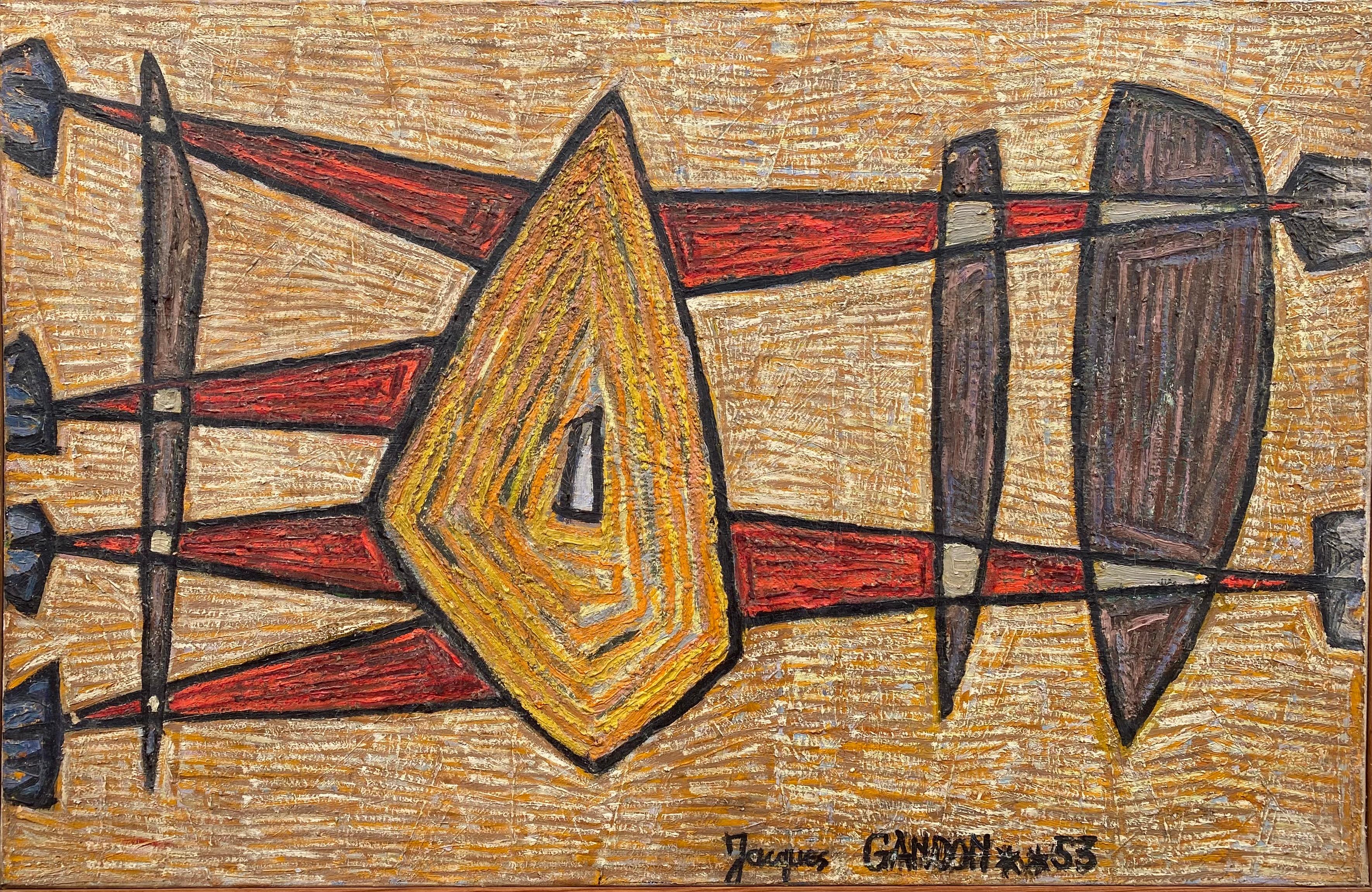Quadro originale ad olio su tela di Jacques Gandon, molto strutturato. Firmato in basso a destra e datato 1953. Il dipinto ha l'aspetto visivo di un tessuto astratto.  Può essere appeso in orizzontale o in verticale.  Le condizioni sono ottime,