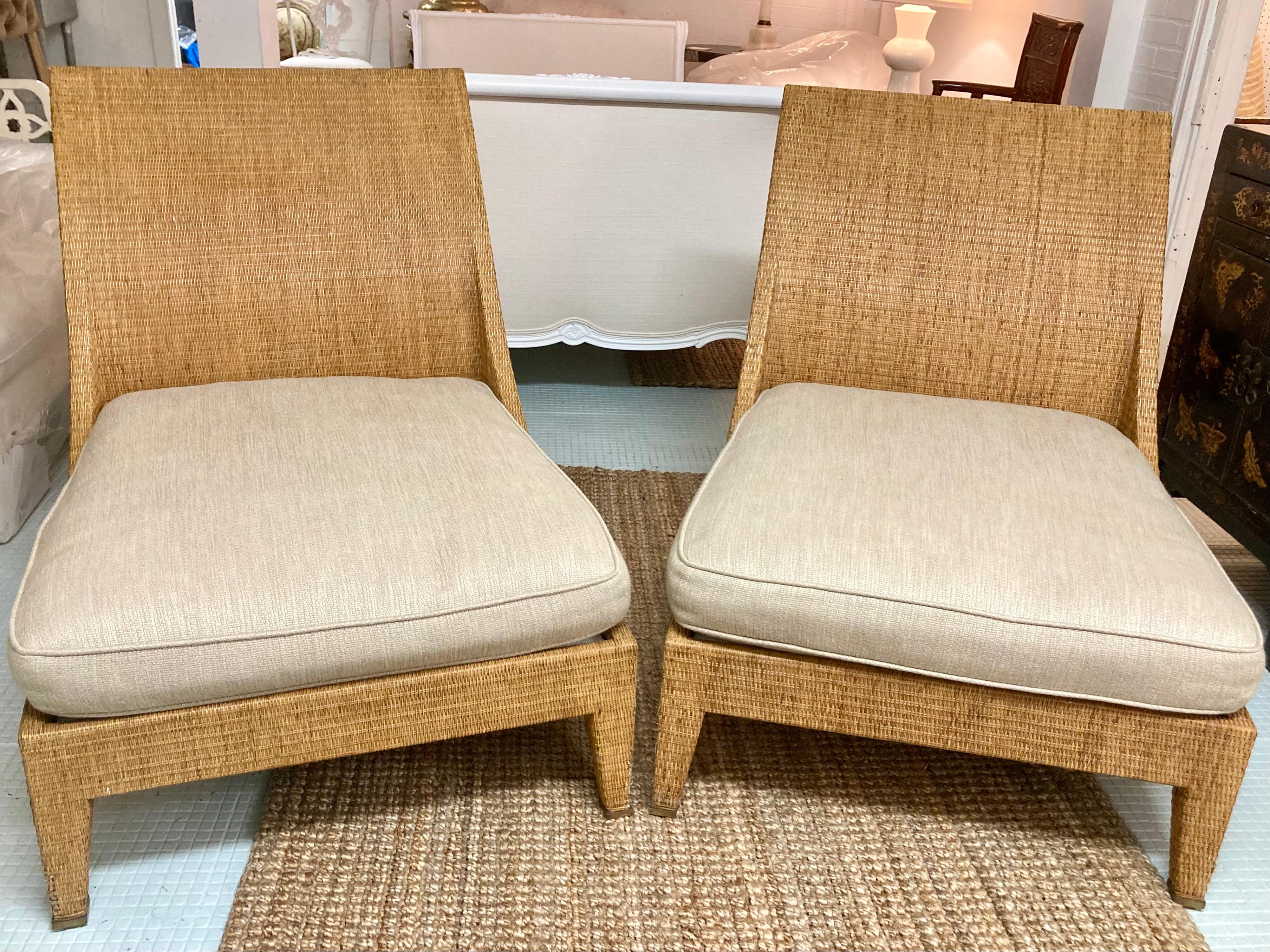 Beautiful pair of Jacques Garcia for McGuire woven raffia large club chairs. Great addition to your Boho Chic inspired interiors. McGuire seal on chairs, see pictures for detail.