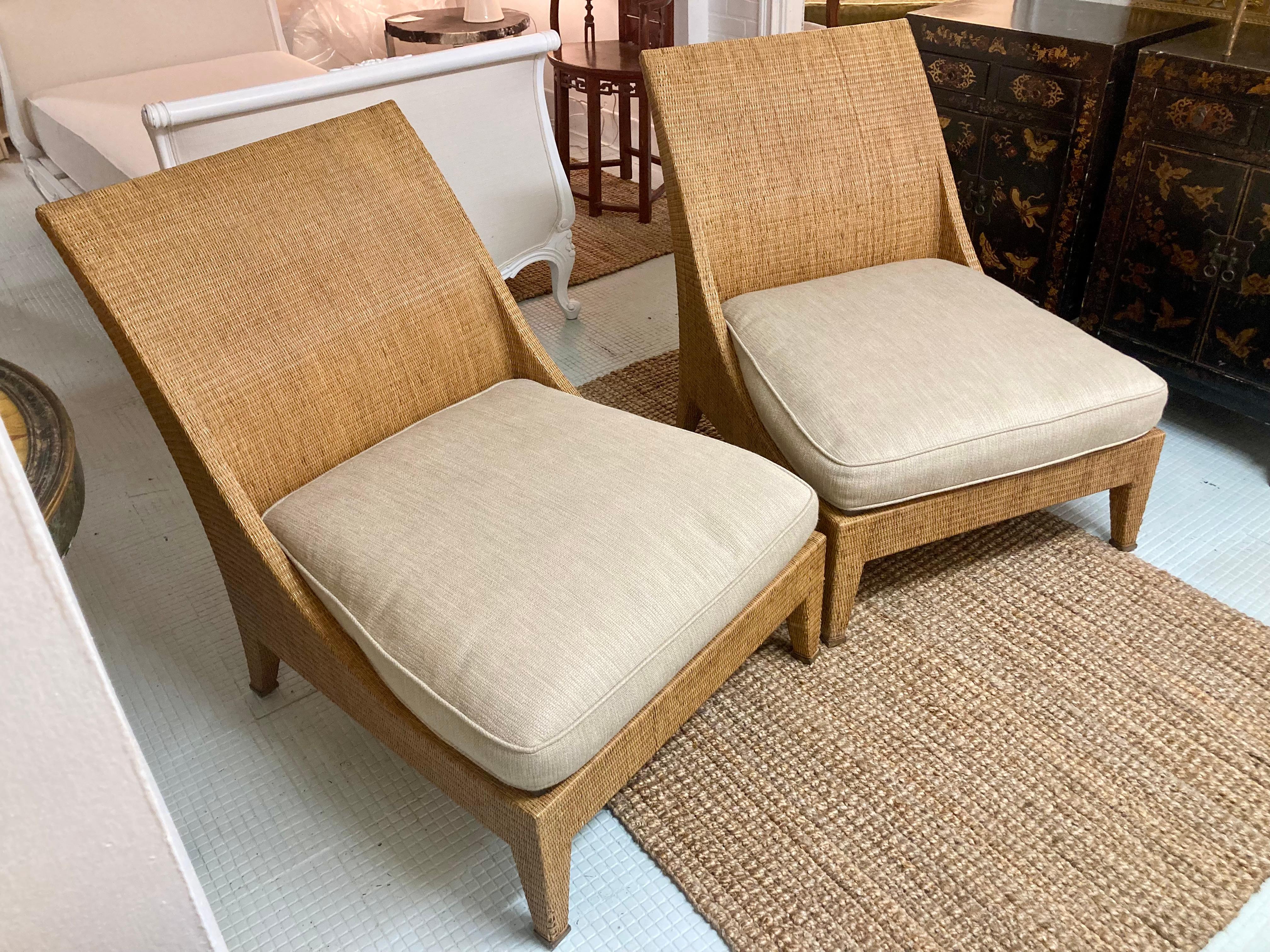 Modern Jacques Garcia for McGuire Woven Raffia Large Club Chairs, a Pair For Sale
