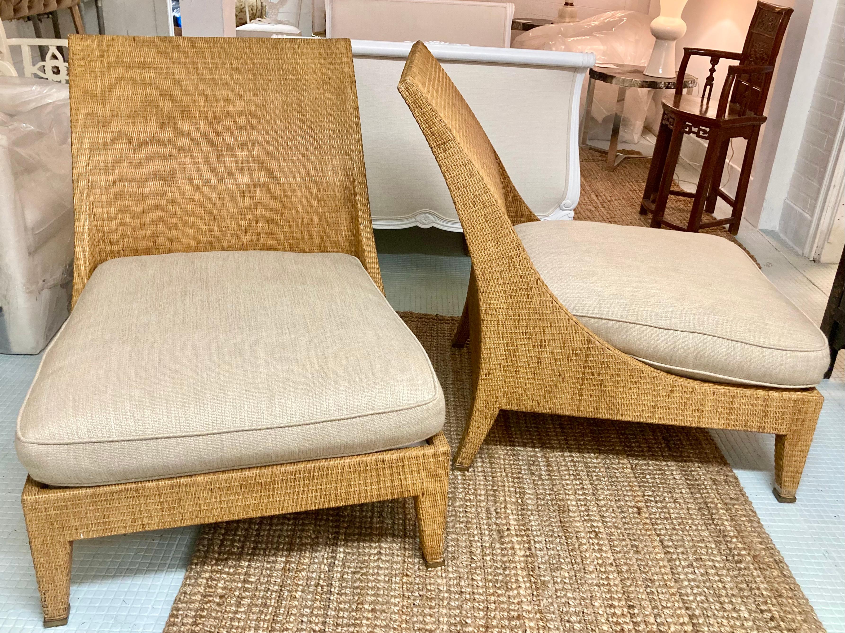 American Jacques Garcia for McGuire Woven Raffia Large Club Chairs, a Pair For Sale