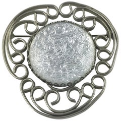 Jacques Gautier Silvered Metal Poured Glass Cabochon Pin Brooch