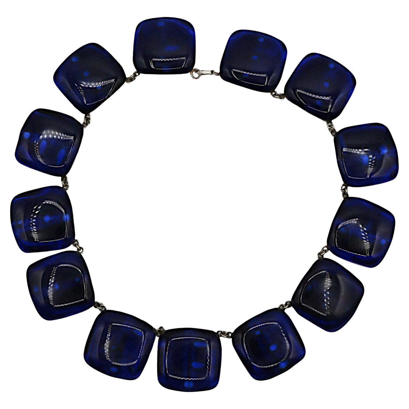 JACQUES GAUTIER Vintage Sapphire Blue Glass Cabochon Collar Necklace