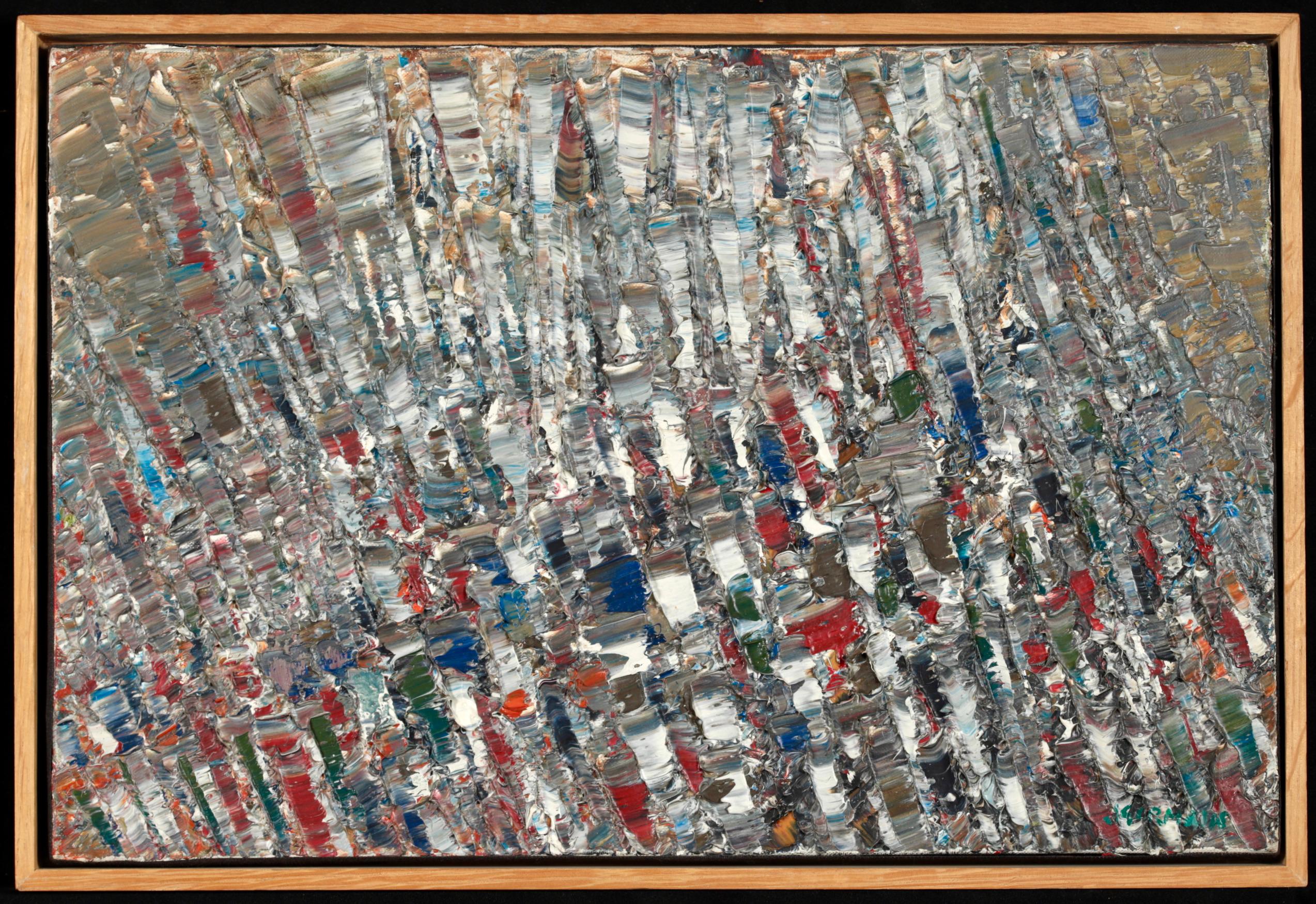 Huile abstraite sur toile signée et datée du peintre français Jacques Germain. L'œuvre est composée de pans entiers d'empâtements épais, notamment en rouge, bleu, vert et blanc. Une œuvre vraiment intéressante et unique qui s'intègre parfaitement