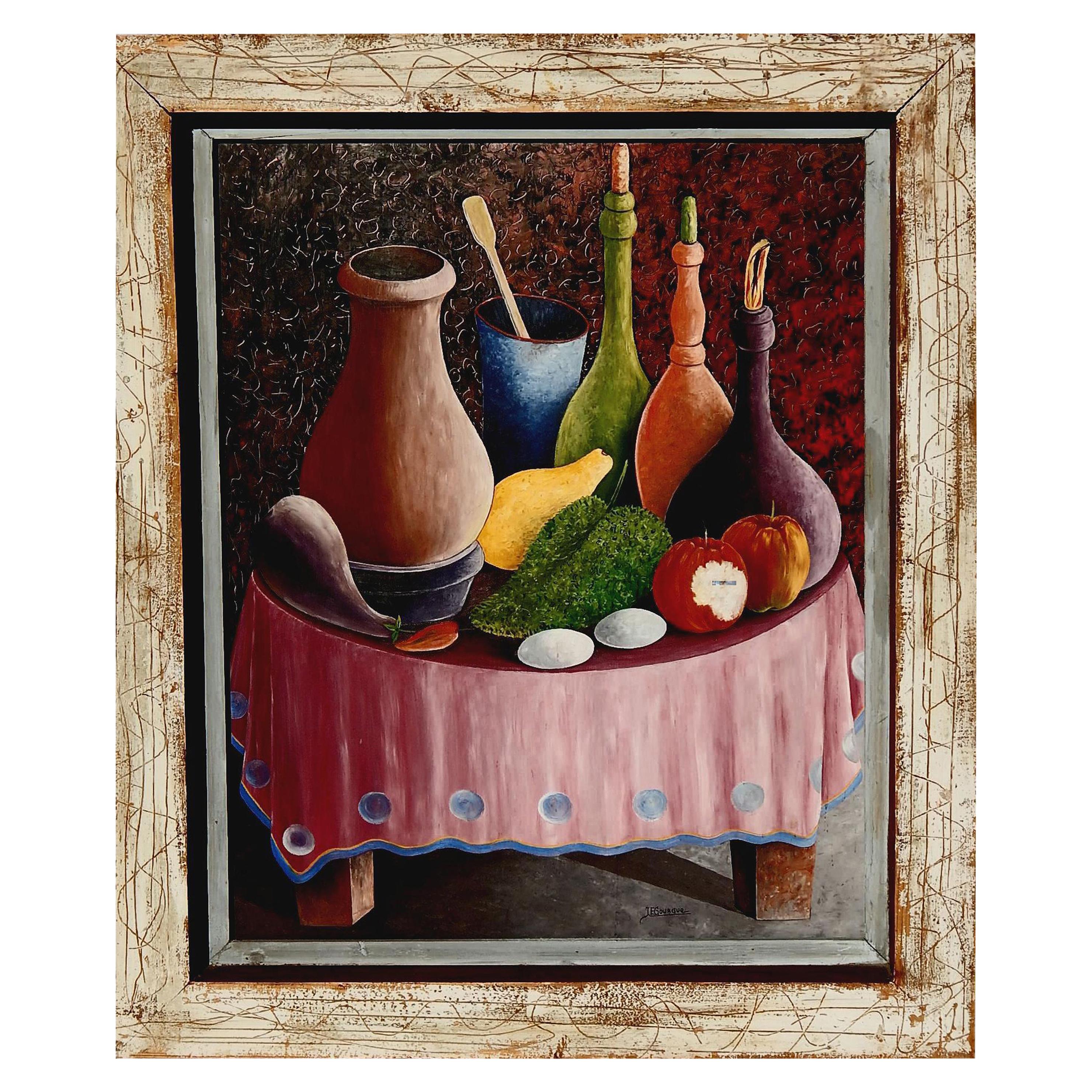 Jacques Gourgue Haitian Painter Oil on Board, Surreal Still Life For Sale