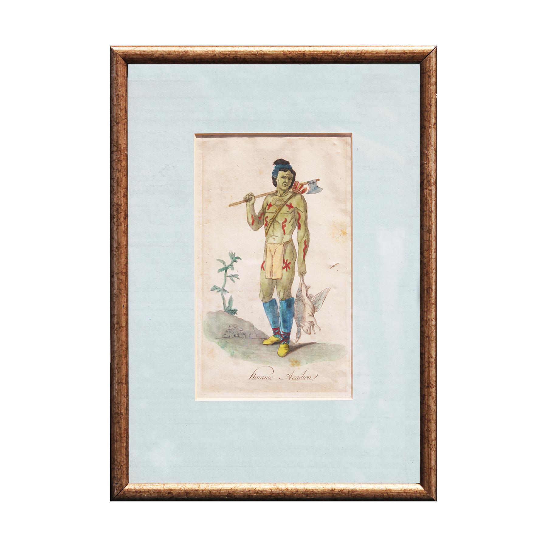 Jacques Grasset de Saint-Sauveur Portrait Print - "Homme Acadien" Hand Tinted Engraving from Costumes de Différents Pays Series 
