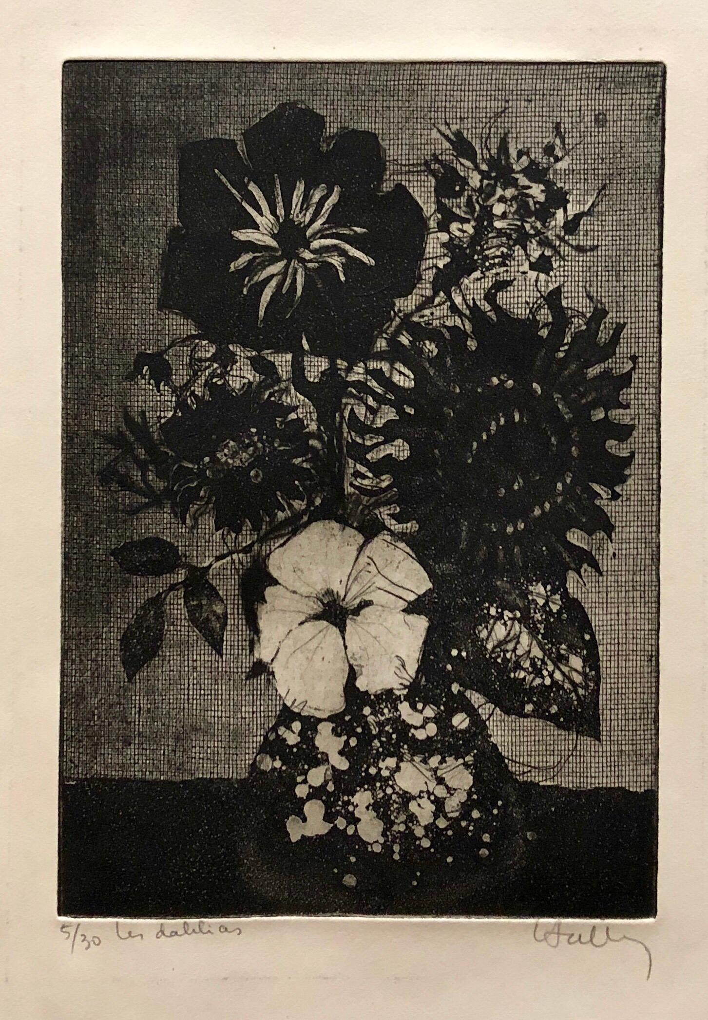 Jacques Hallez Still-Life Print - French Modernist Floral Etching 'Dahlias' Bouquet of Flowers