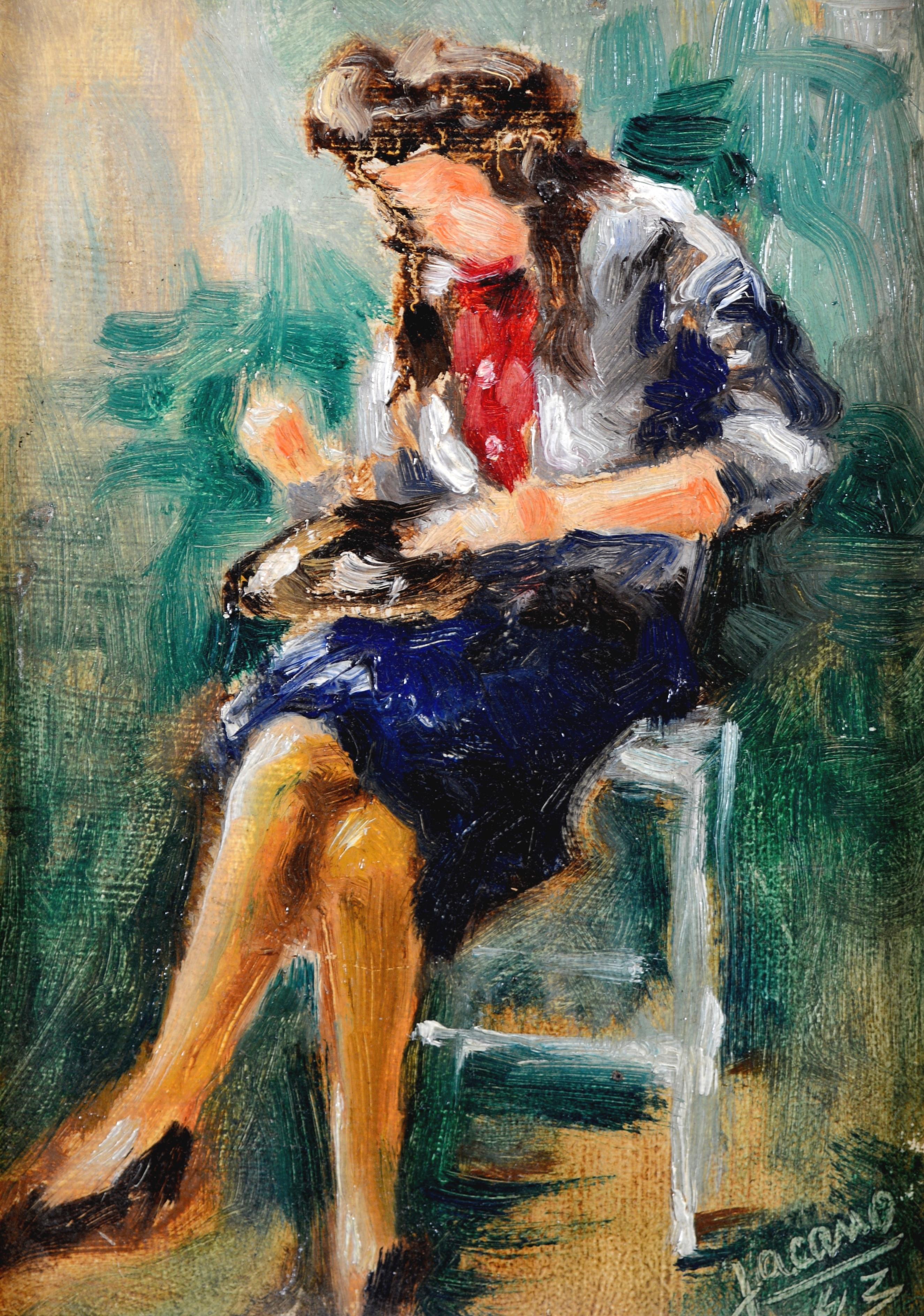 Lady Seated - Mid 20th Century Belgian Impressionist Portrait Oil Painting - Beige Figurative Painting by Jacques Hanot