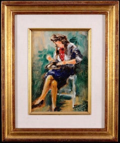 Lady Seated - Mid 20th Century Belgian Impressionist Portrait Oil Painting