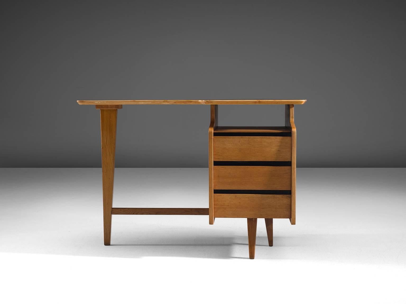 Mid-Century Modern Jacques Hauville Small Oak Writing Desk