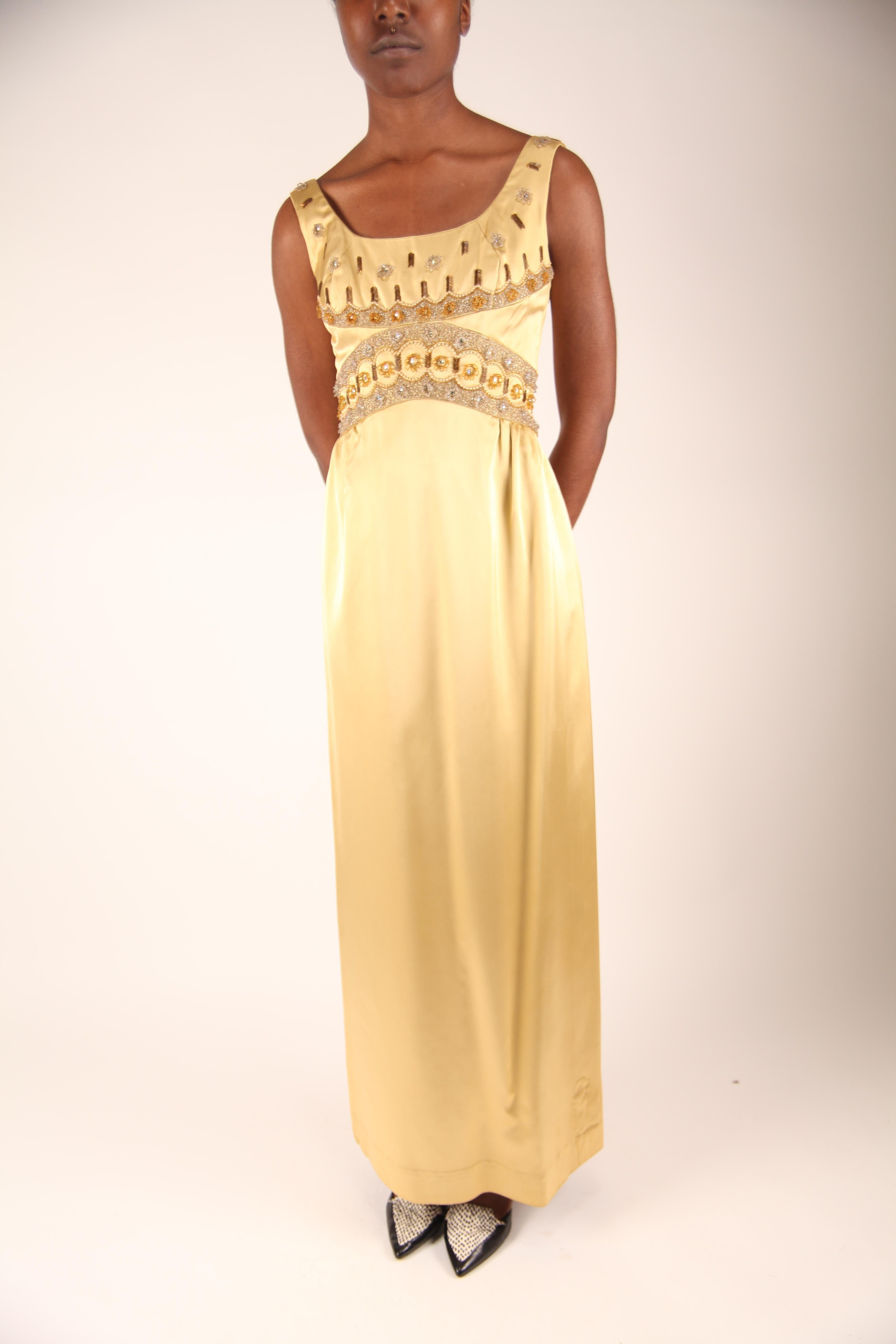 Women's Jacques Heim couture gold silk satin evening gown, circa 1960s For Sale