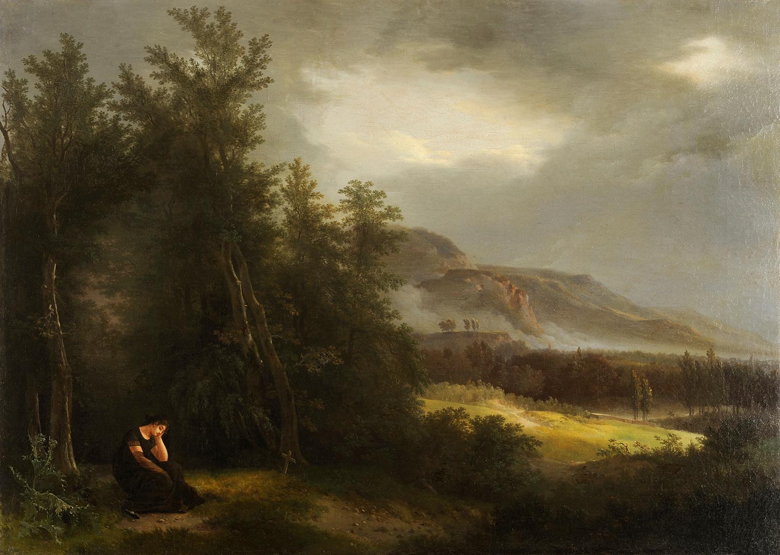 Trauernde Frau in einer stürmischen Berglandschaft – Painting von Jacques Henri Sablet