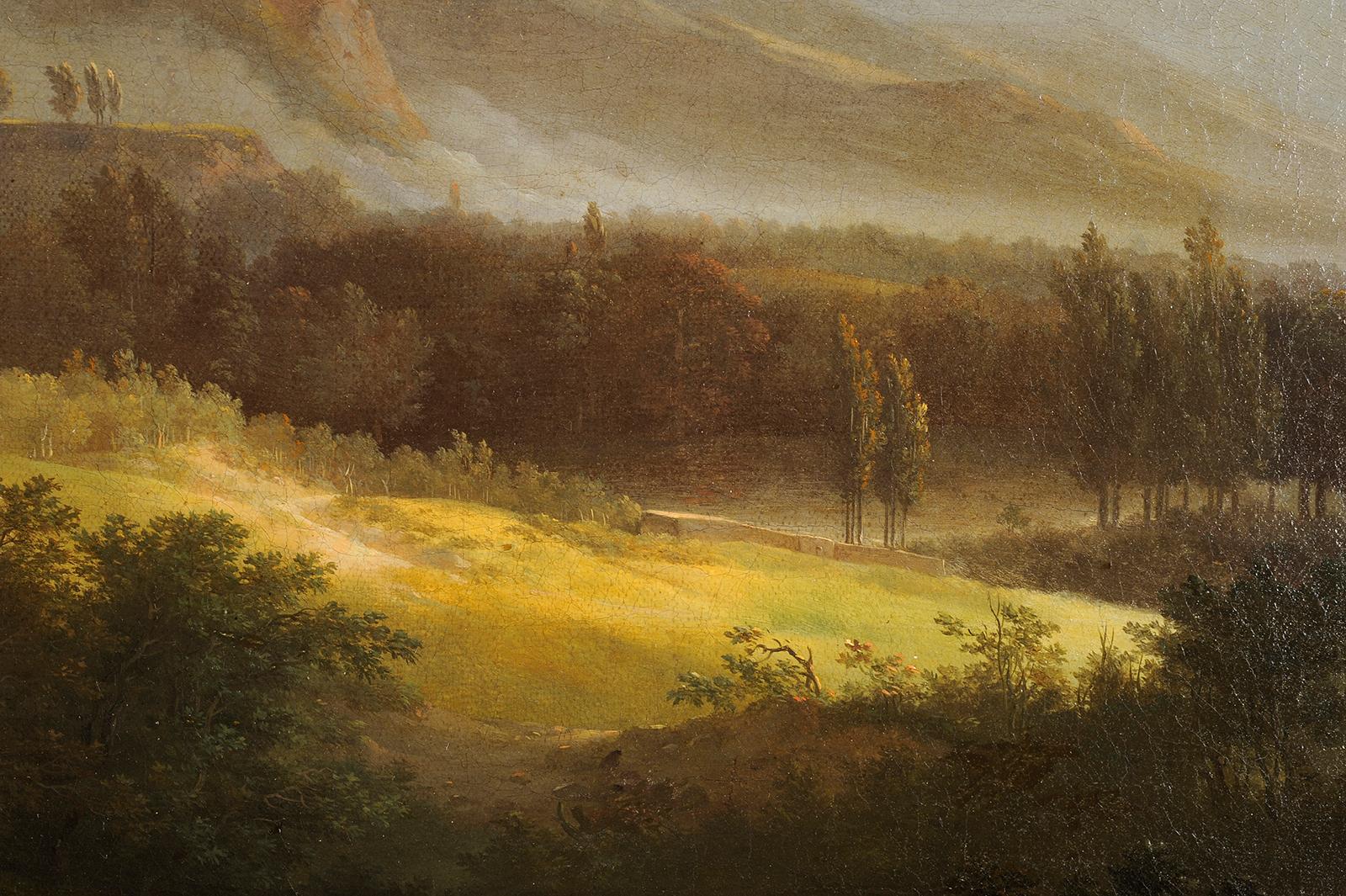 Gefolge von Jacques SABLET
Trauernde Frau in einer stürmischen Berglandschaft
Öl auf Leinwand
H. 60 cm; B. 84,5 cm
Um 1805

Unser Gemälde ist mehr als eine Landschaft, es ist ein psychologisches Werk. Es ist die Reflexion der Gedanken dieser Frau,