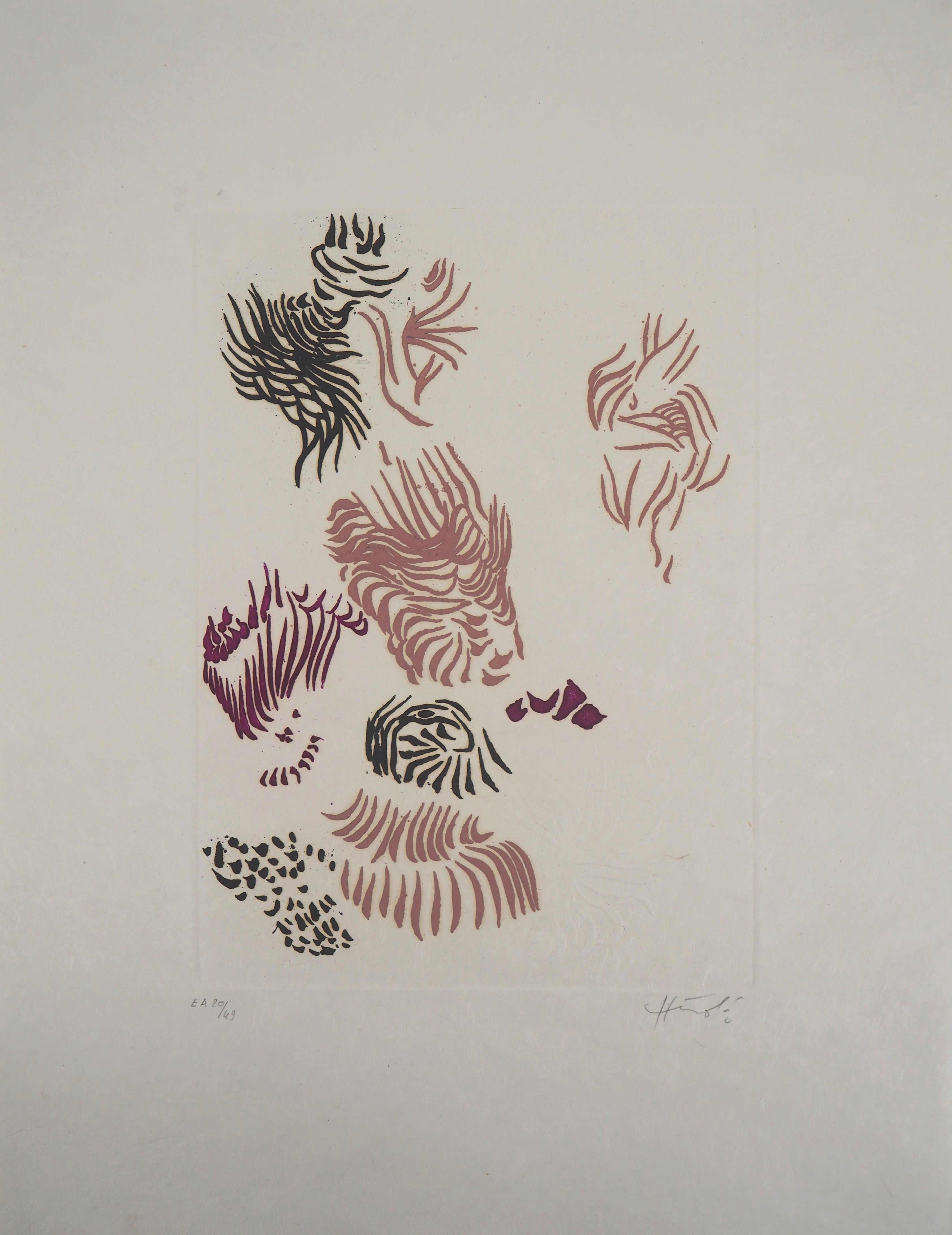 Jacques HEROLD Abstract Print - Surrealist Peacock - Original color Etching and Aquatint 