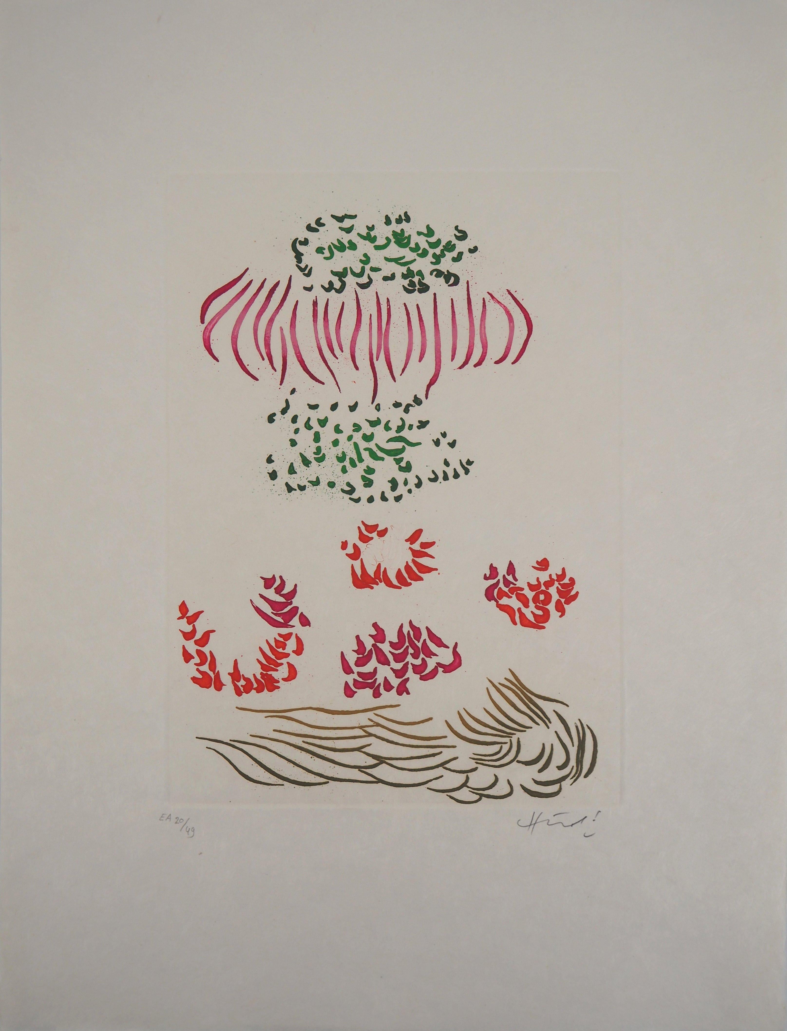 Jacques HEROLD Abstract Print - Surrealists flowers - Original color Etching and Aquatint 