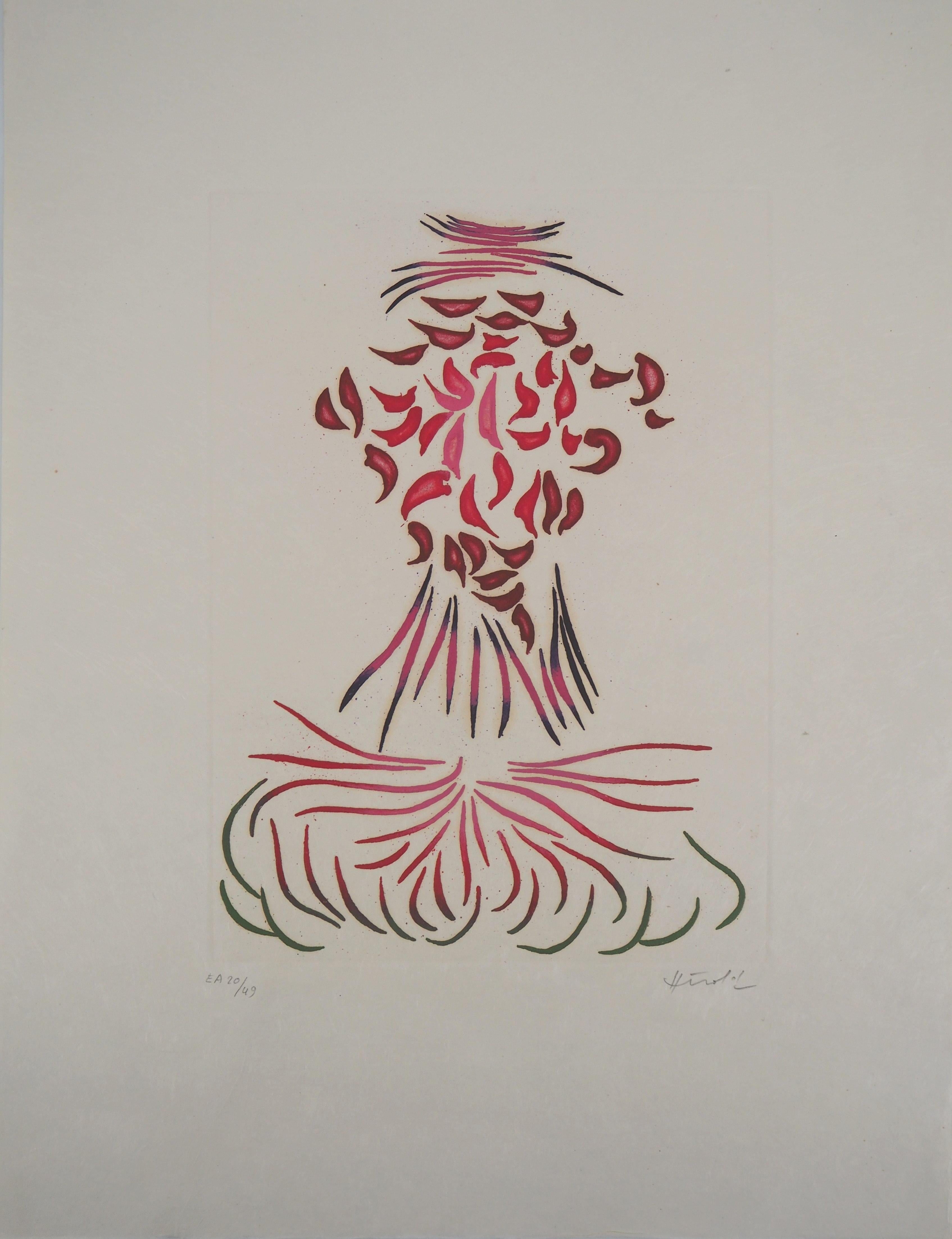 Jacques HEROLD Abstract Print - The Blooming of a pink Flower - Original color Etching and Aquatint 