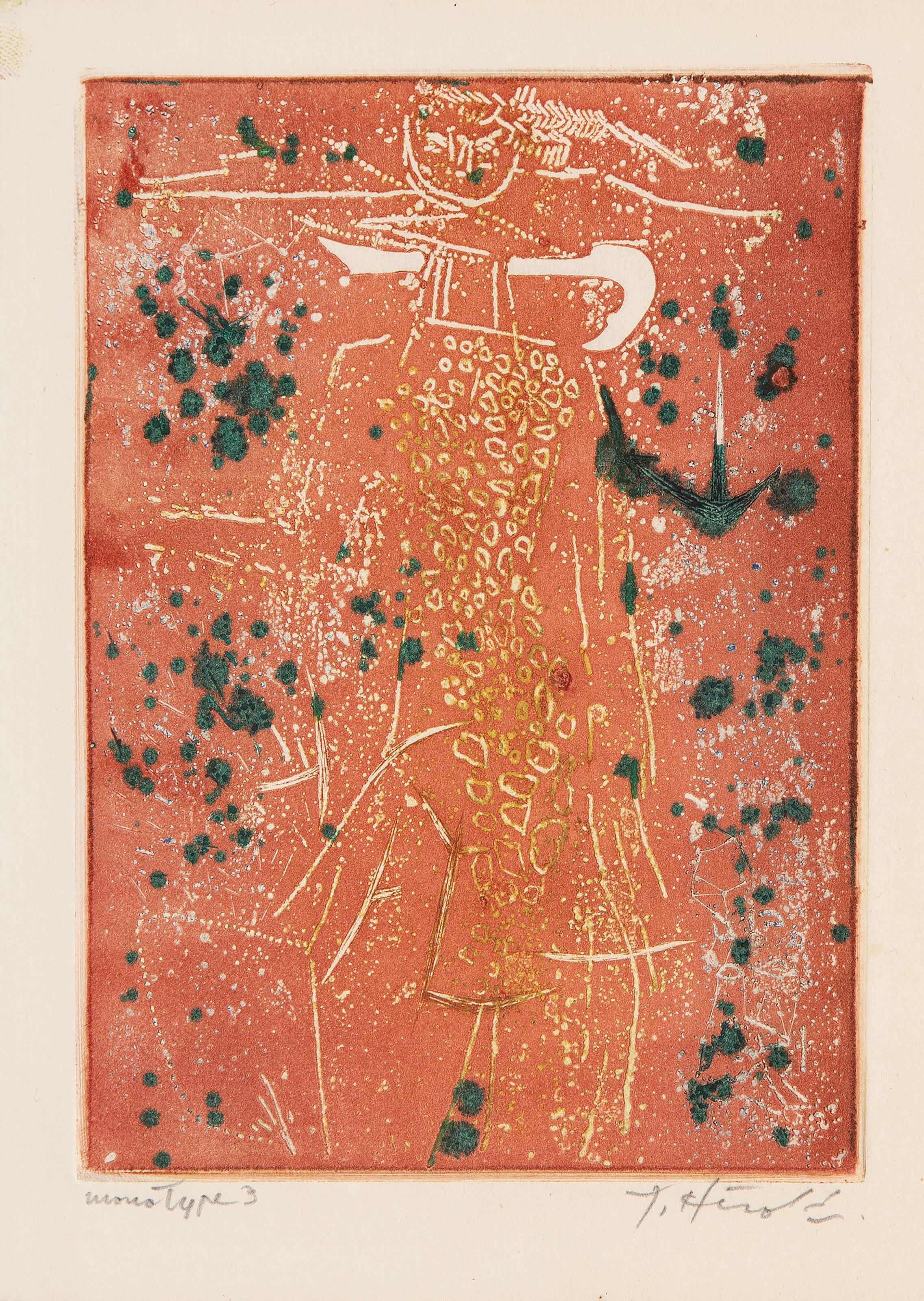  Jacques Herold (1910 - 1987) -  Abstract Figure, Year: circa 1955, Medium: Monotype on laid paper, signed in pencil, Image Size: 6.25 x 4.5 inches, Size: 7.5 x 5.5 in. (19.05 x 13.97 cm), Description: From the collection of the late Larry Saphire.