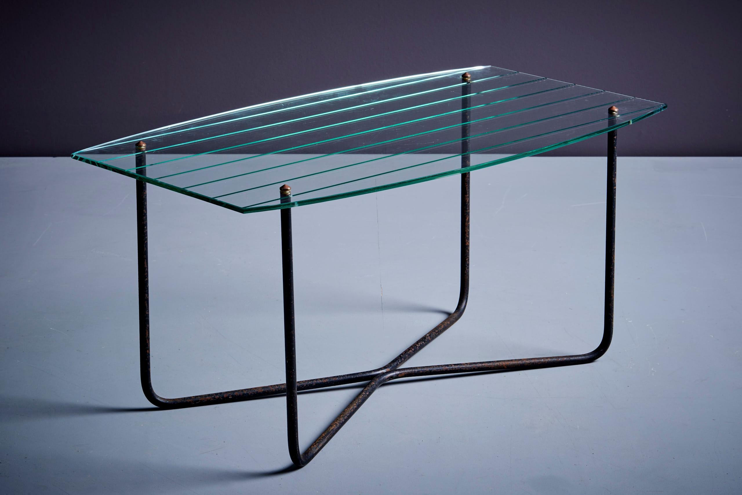 Jacques Hitier Coffee Table with solid iron base and delicate glass top. 