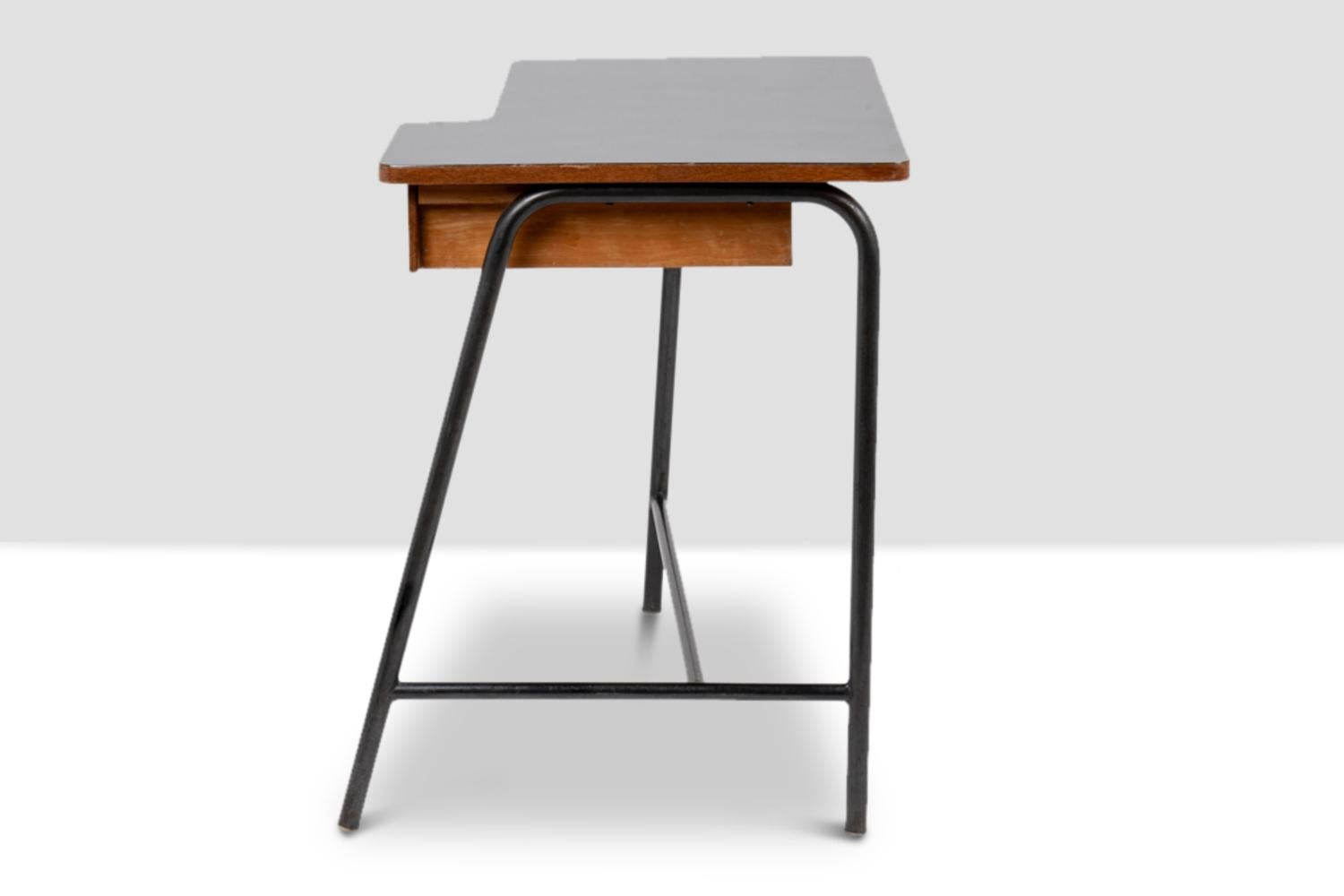 20th Century Jacques Hitier for MBO, Desk in oak and black metal, year 1951 For Sale