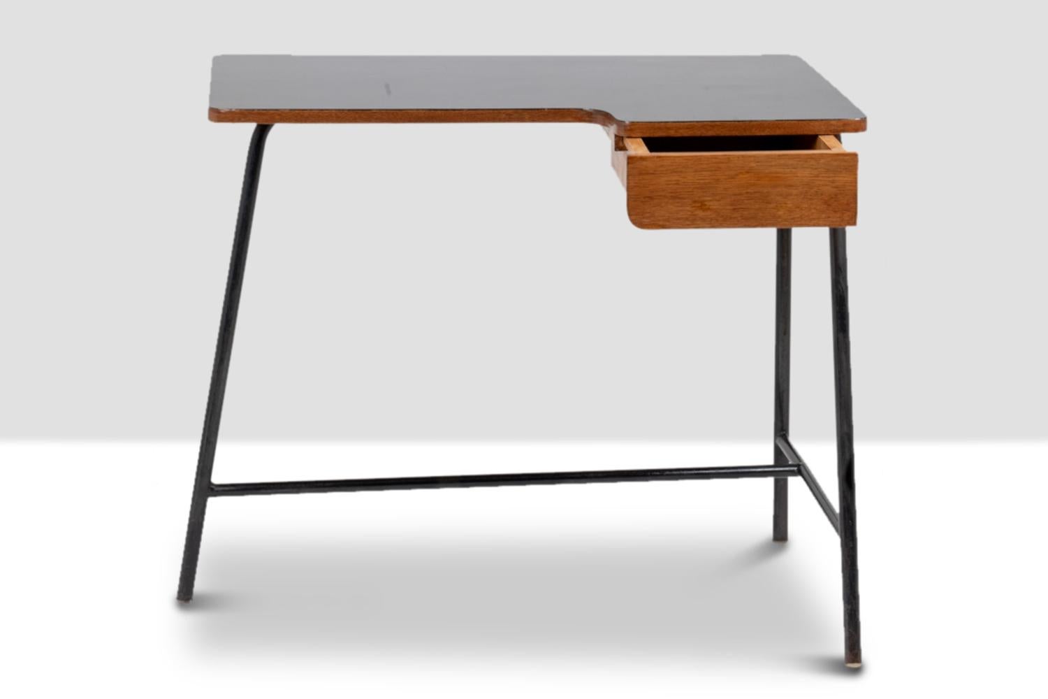 Oak Jacques Hitier for MBO, Desk in oak and black metal, year 1951 For Sale
