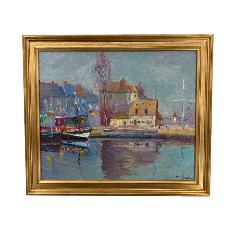This French Post-Impressionist Honfleur harbor painting by Jacques Huet (born 1937) captures the atmospheric light and maritime character of Normandy. Oil on canvas, the work is signed lower right and presented in its original frame. Huet uses