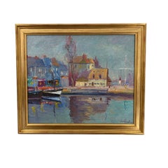 Jacques Huet French Post-Impressionist Harbor Painting, Signed Oil on Canvas
