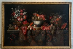 Énorme nature morte française Old Master du 18e siècle Fleurs et fruits dans un plat Wanli